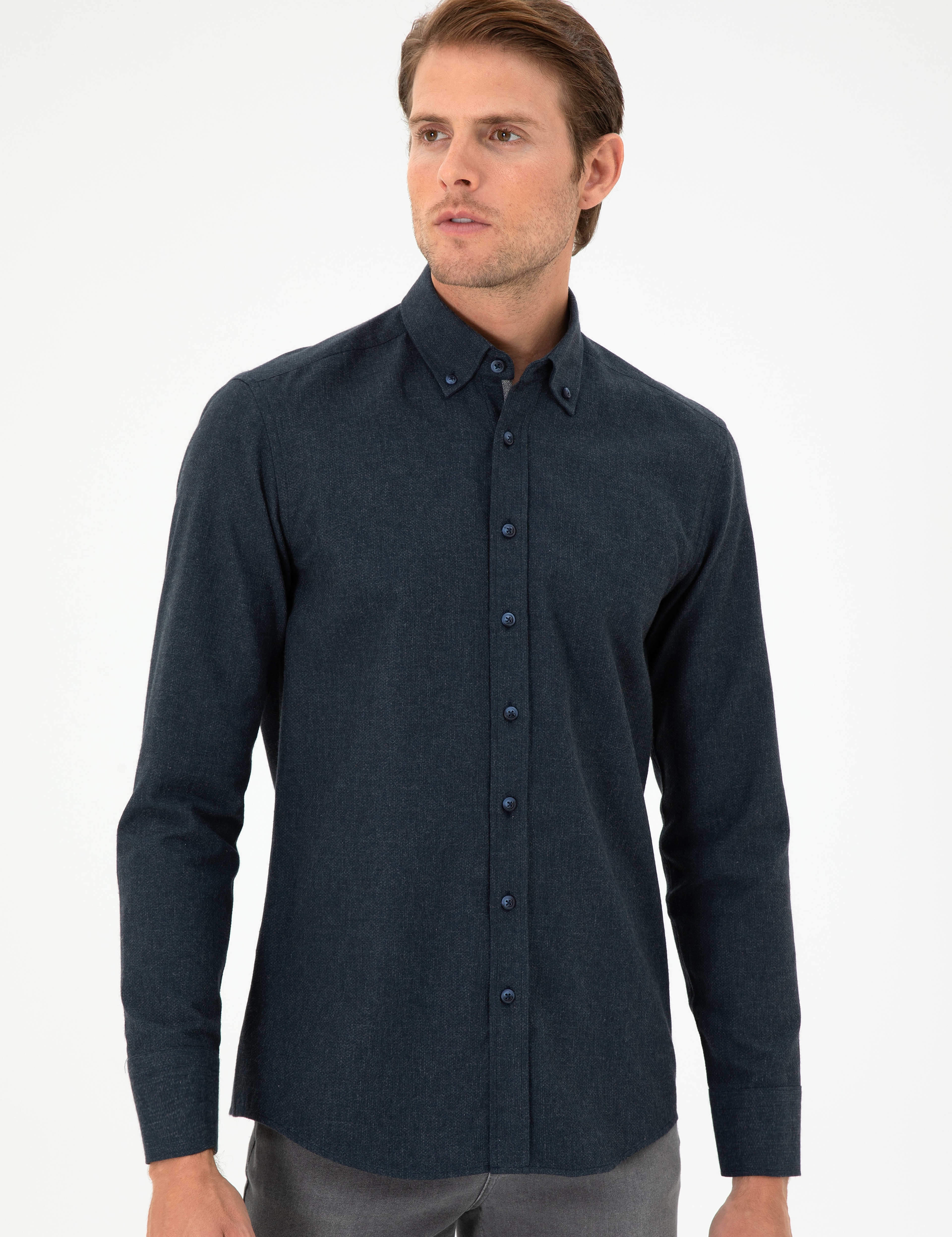 Lacivert Slim Fit Uzun Kollu Gömlek