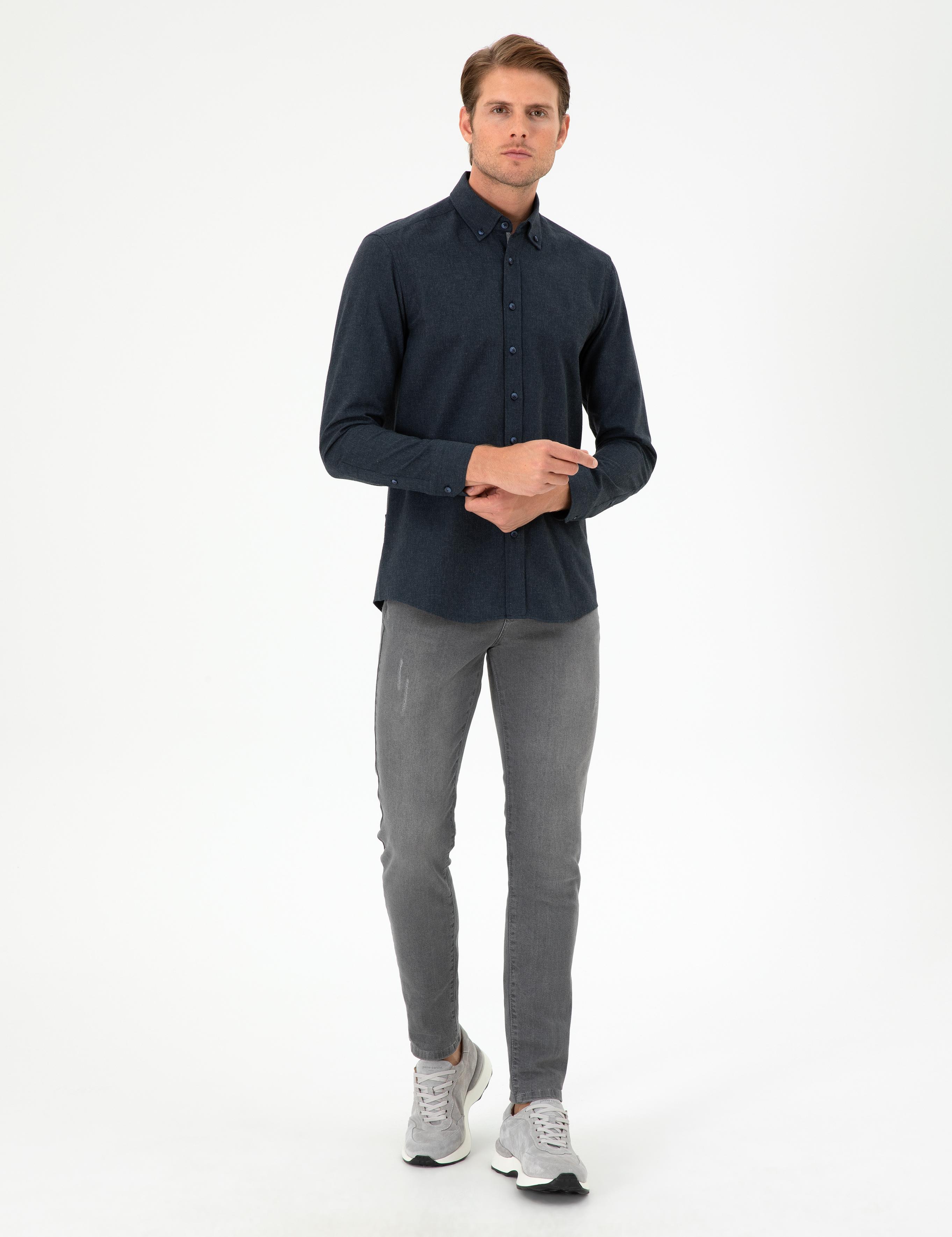 Lacivert Slim Fit Uzun Kollu Gömlek