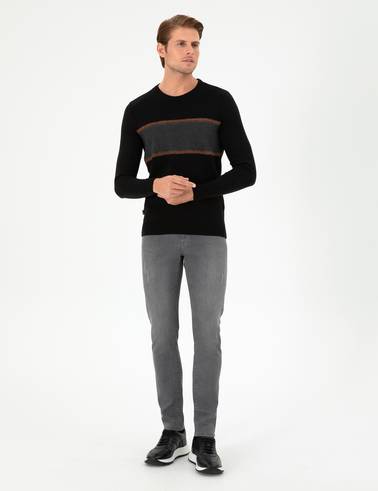 Siyah Slim Fit Bisiklet Yaka Yün Karışımlı Triko Kazak