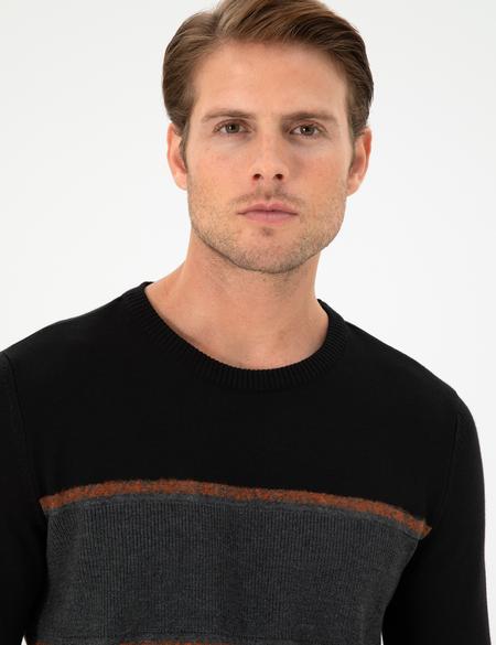 Siyah Slim Fit Bisiklet Yaka Yün Karışımlı Triko Kazak - 50296439016