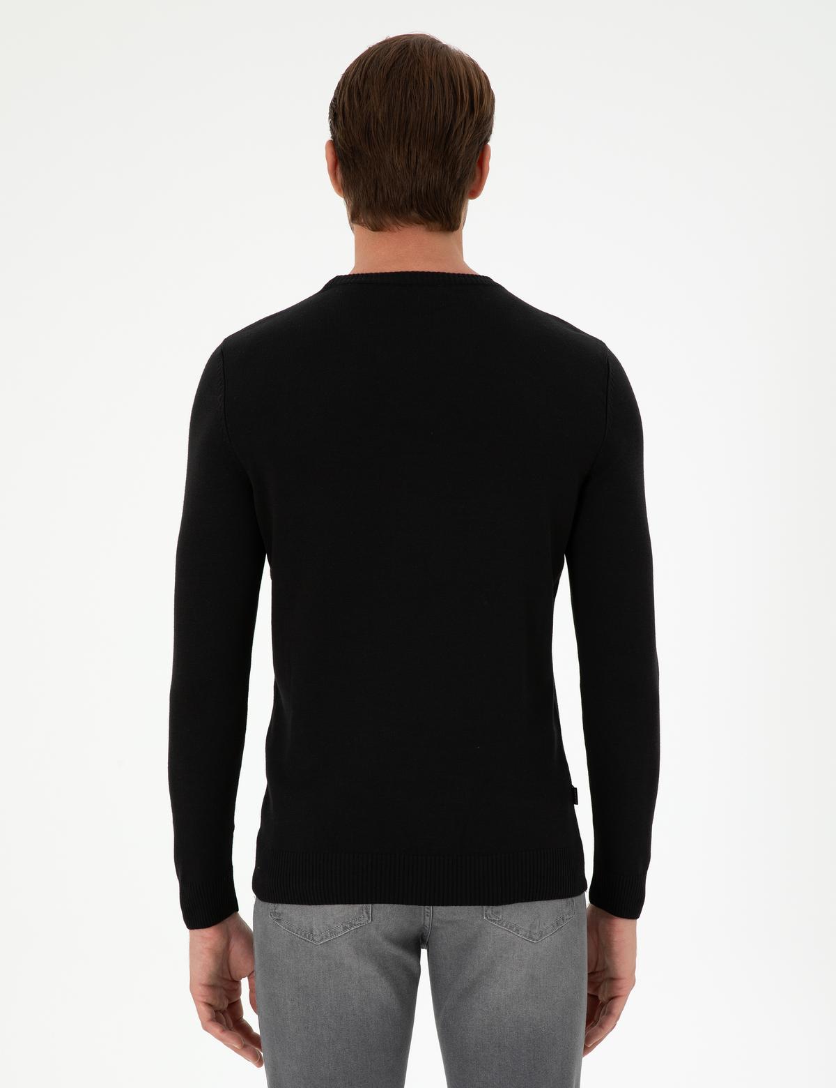 Siyah Slim Fit Bisiklet Yaka Yün Karışımlı Triko Kazak - 50296439016