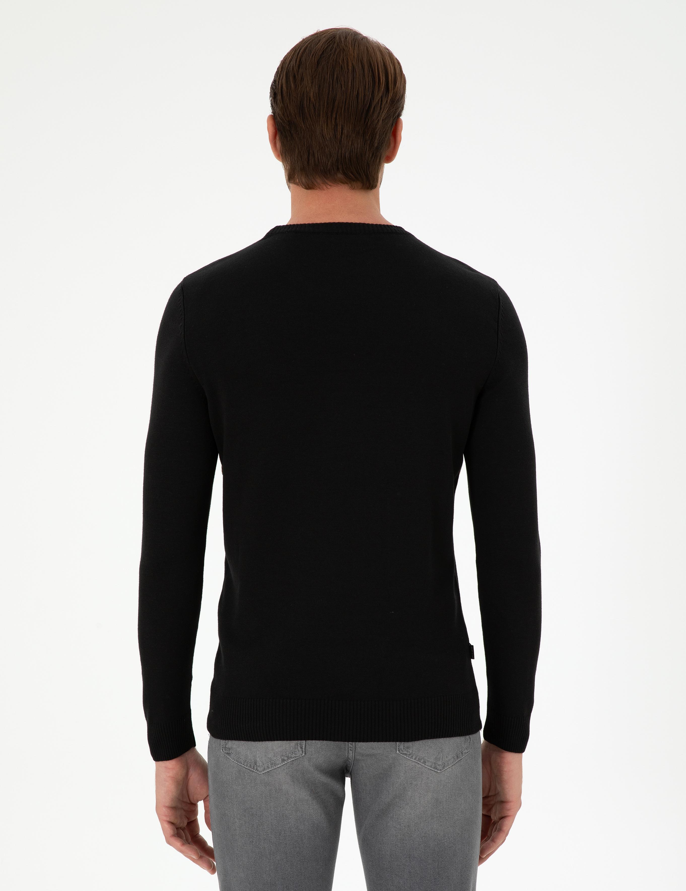 Siyah Slim Fit Bisiklet Yaka Yün Karışımlı Triko Kazak