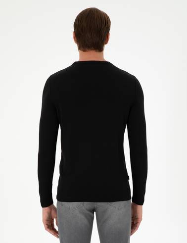 Siyah Slim Fit Bisiklet Yaka Yün Karışımlı Triko Kazak