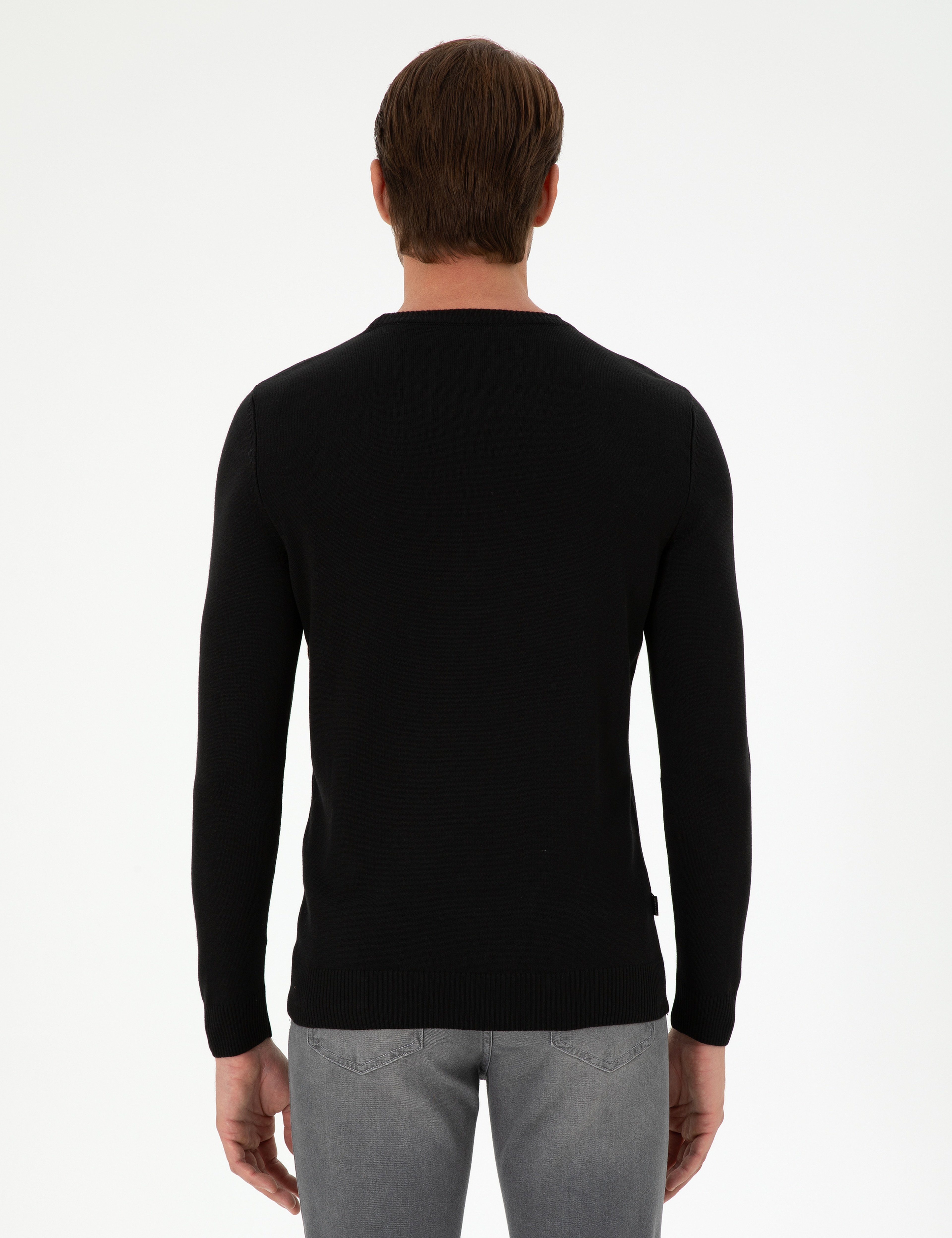 Siyah Slim Fit Bisiklet Yaka Yün Karışımlı Triko Kazak