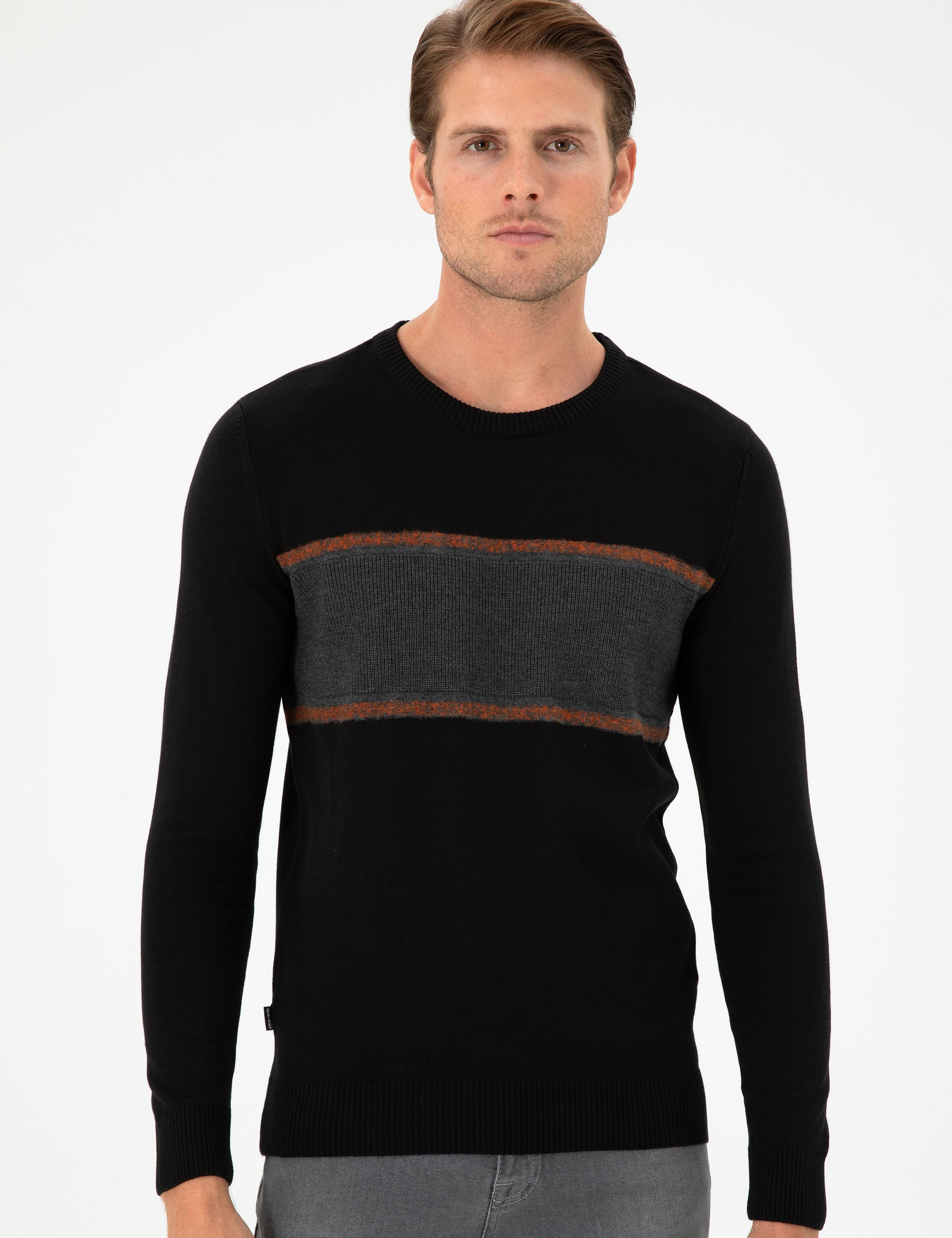 Siyah Slim Fit Bisiklet Yaka Yün Karışımlı Triko Kazak