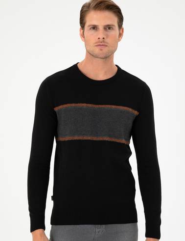 Siyah Slim Fit Bisiklet Yaka Yün Karışımlı Triko Kazak