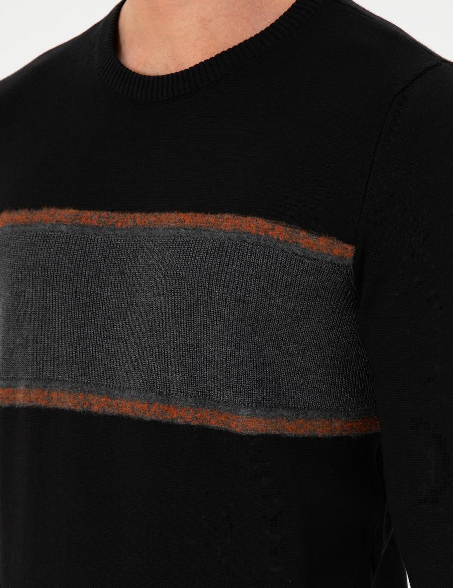 Siyah Slim Fit Bisiklet Yaka Yün Karışımlı Triko Kazak