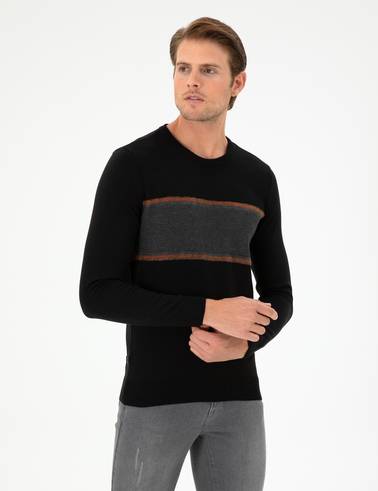 Siyah Slim Fit Bisiklet Yaka Yün Karışımlı Triko Kazak