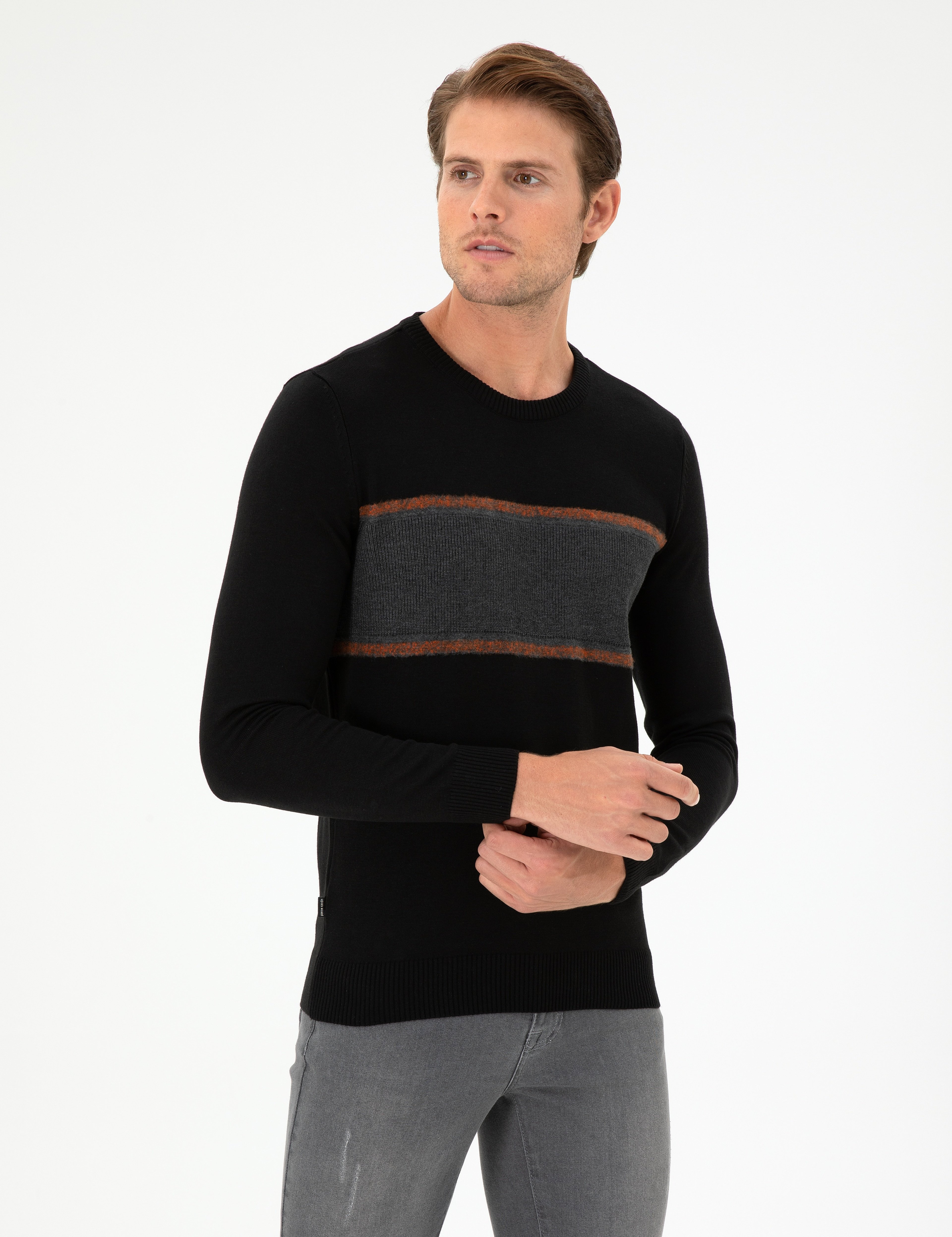 Siyah Slim Fit Bisiklet Yaka Yün Karışımlı Triko Kazak