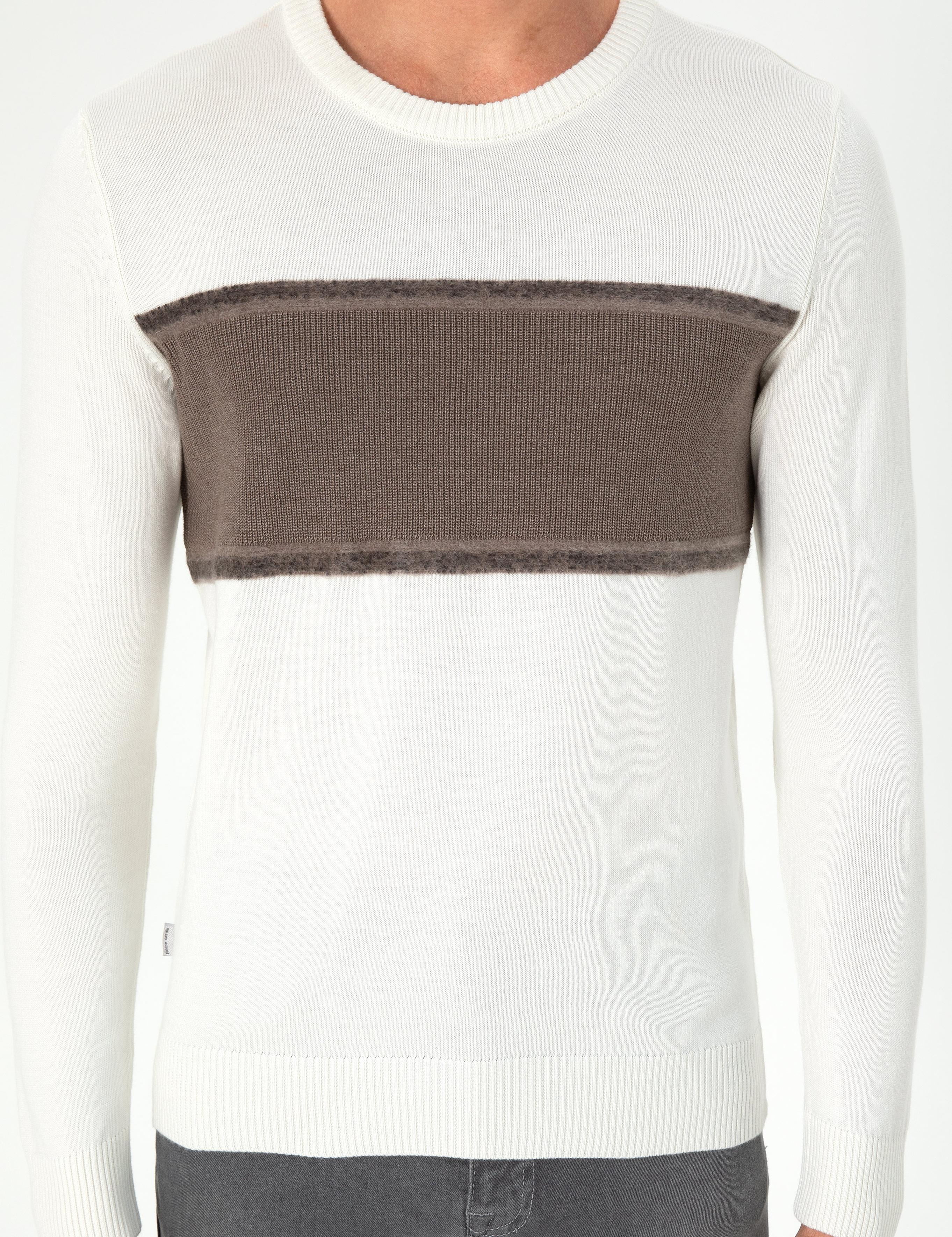 Ekru Slim Fit Bisiklet Yaka Yün Karışımlı Triko Kazak