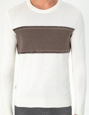 Ekru Slim Fit Bisiklet Yaka Yün Karışımlı Triko Kazak
