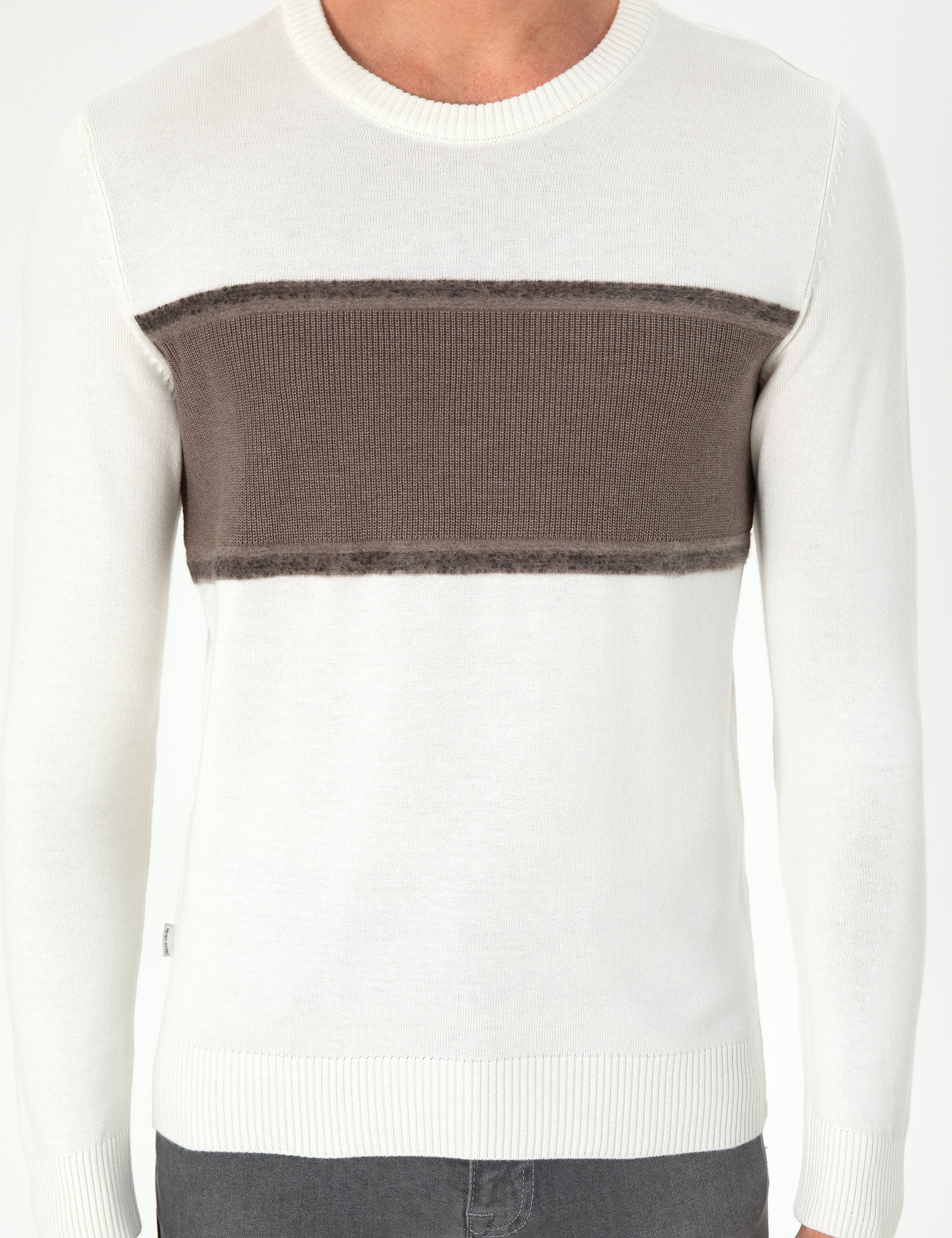 Ekru Slim Fit Bisiklet Yaka Yün Karışımlı Triko Kazak - Image 6