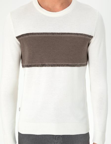 Ekru Slim Fit Bisiklet Yaka Yün Karışımlı Triko Kazak - 50296439006