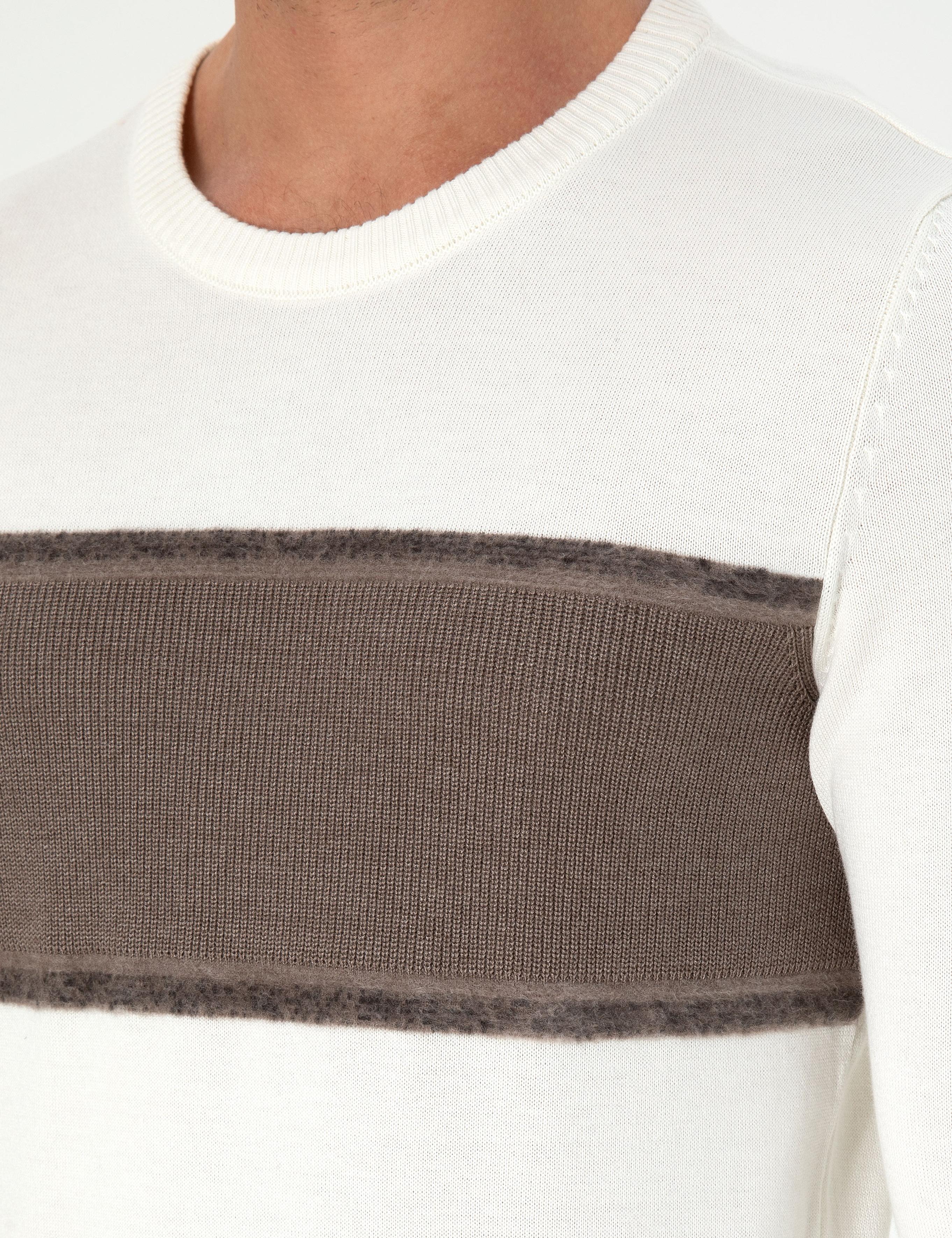 Ekru Slim Fit Bisiklet Yaka Yün Karışımlı Triko Kazak