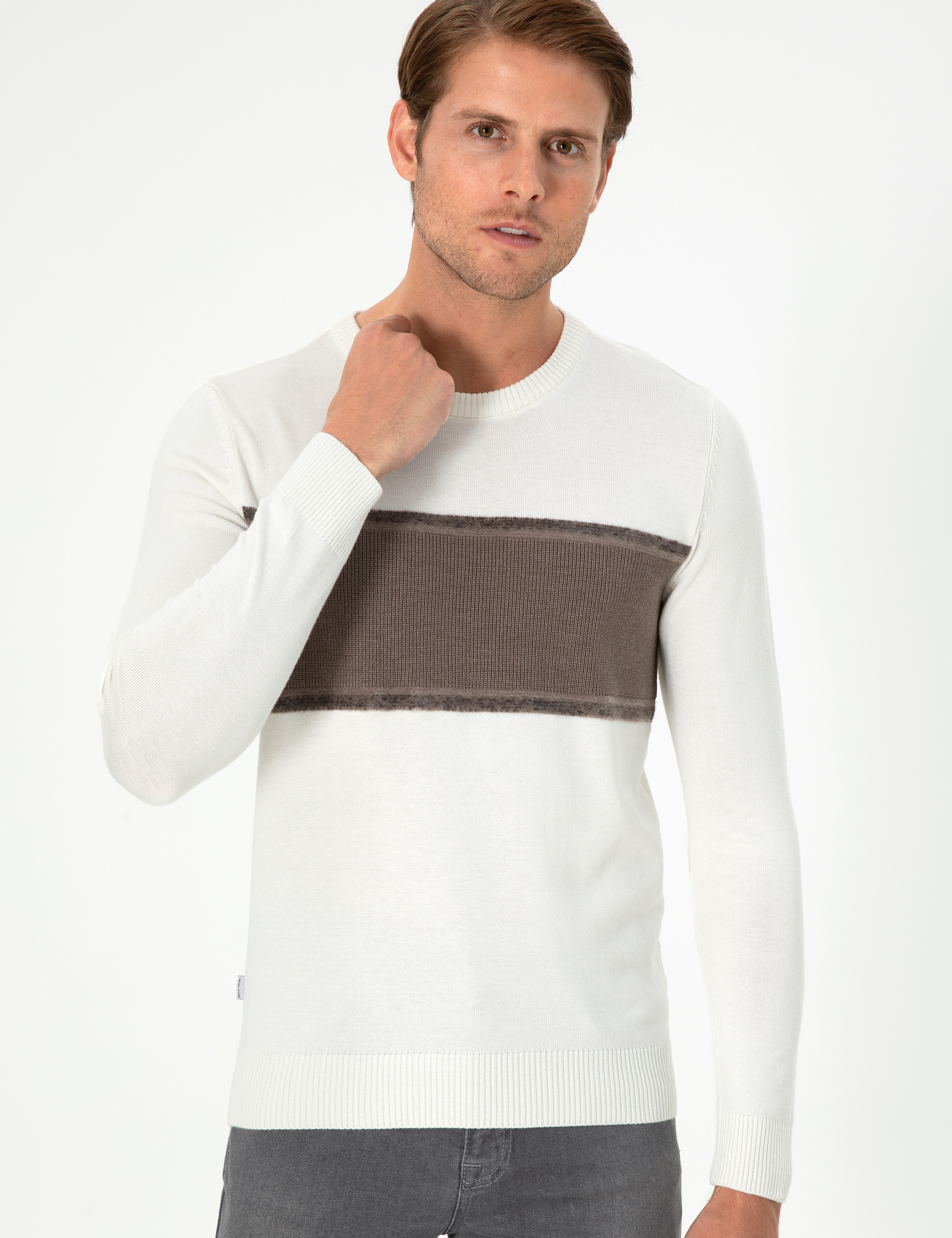 Ekru Slim Fit Bisiklet Yaka Yün Karışımlı Triko Kazak - Image 3