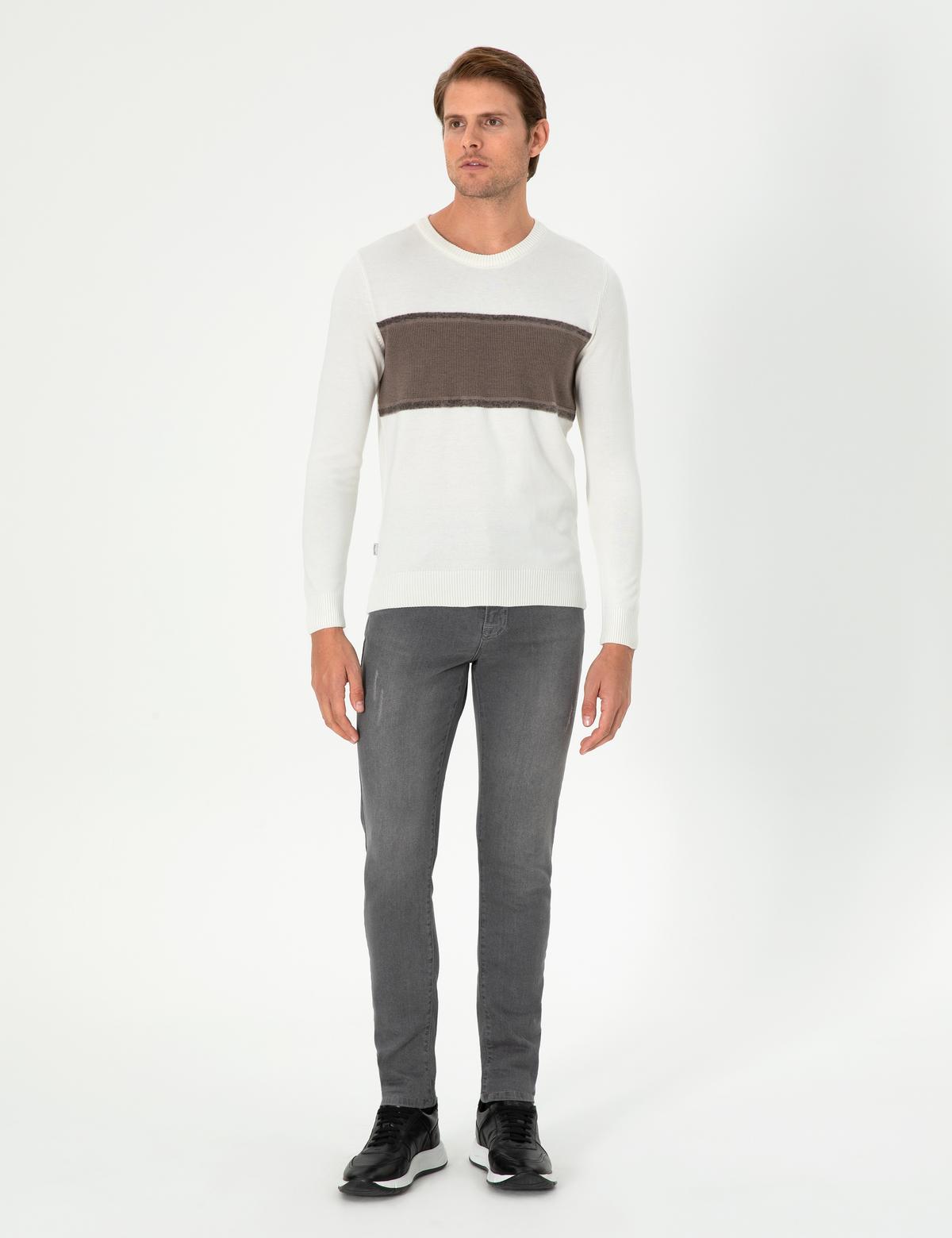 Ekru Slim Fit Bisiklet Yaka Yün Karışımlı Triko Kazak - 50296439006