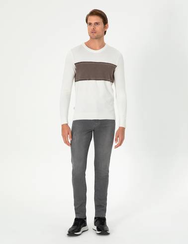 Ekru Slim Fit Bisiklet Yaka Yün Karışımlı Triko Kazak