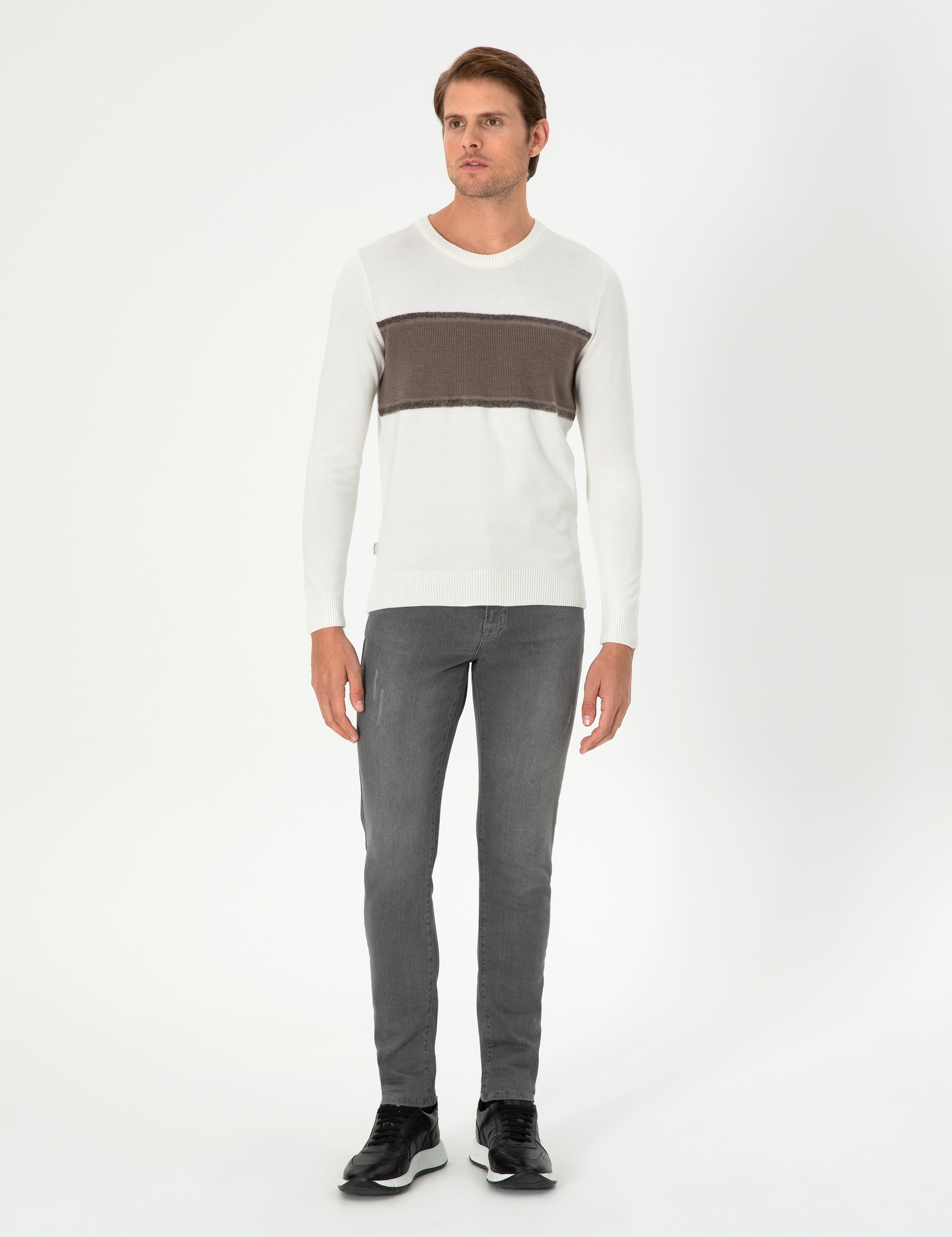 Ekru Slim Fit Bisiklet Yaka Yün Karışımlı Triko Kazak - Image 4
