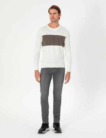 Ekru Slim Fit Bisiklet Yaka Yün Karışımlı Triko Kazak - 50296439006