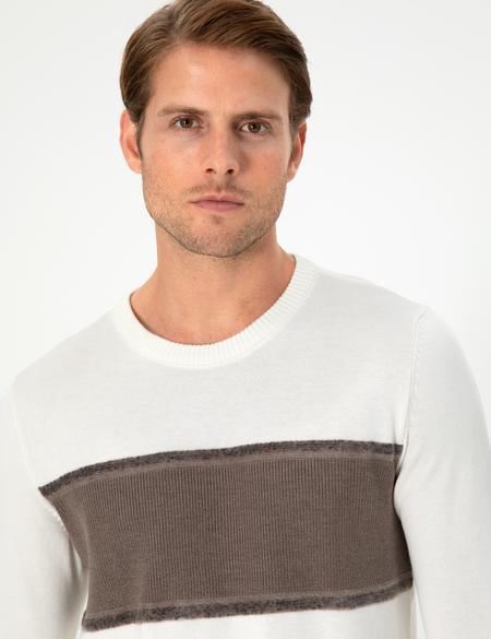 Ekru Slim Fit Bisiklet Yaka Yün Karışımlı Triko Kazak - 50296439006