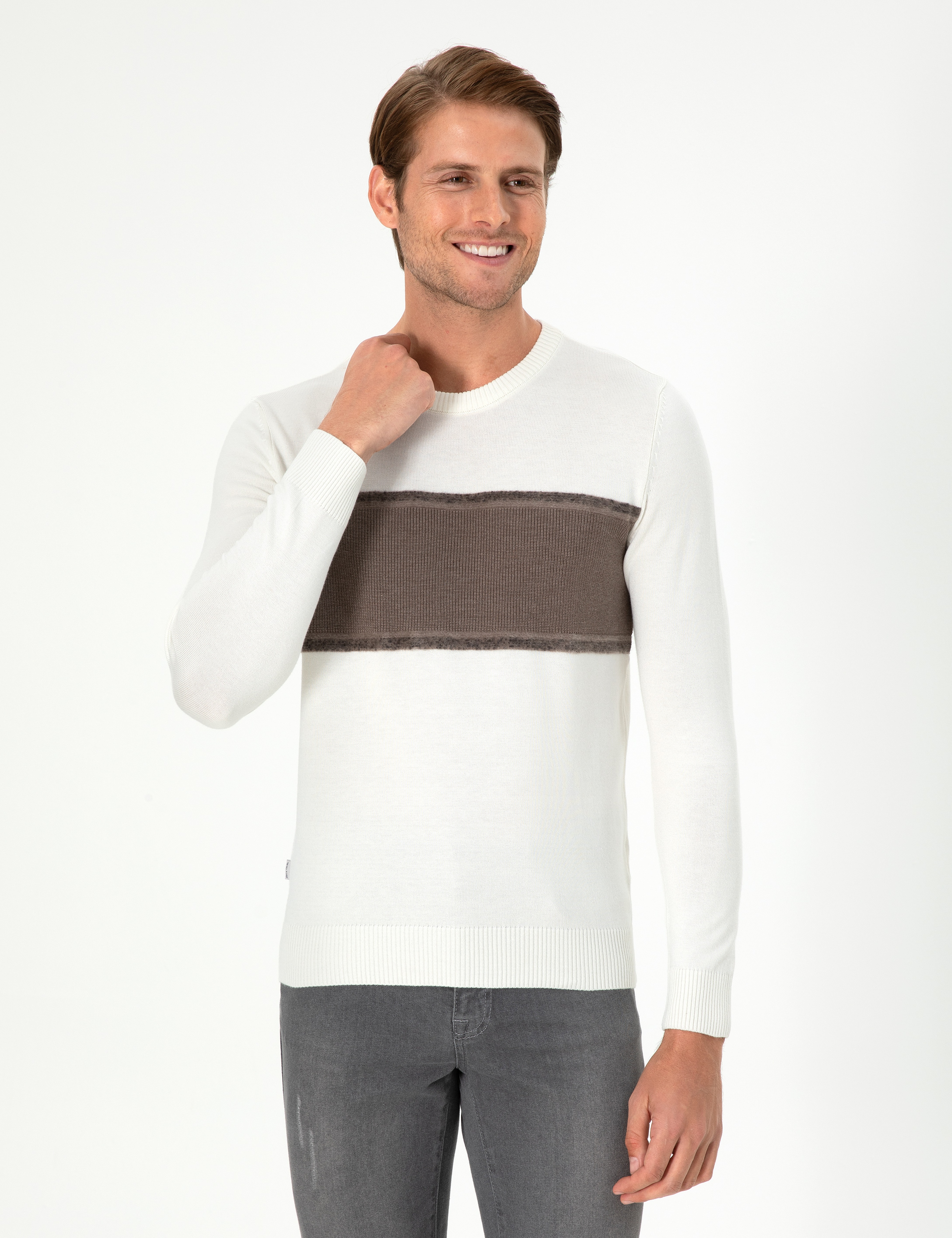 Ekru Slim Fit Bisiklet Yaka Yün Karışımlı Triko Kazak - Image 1
