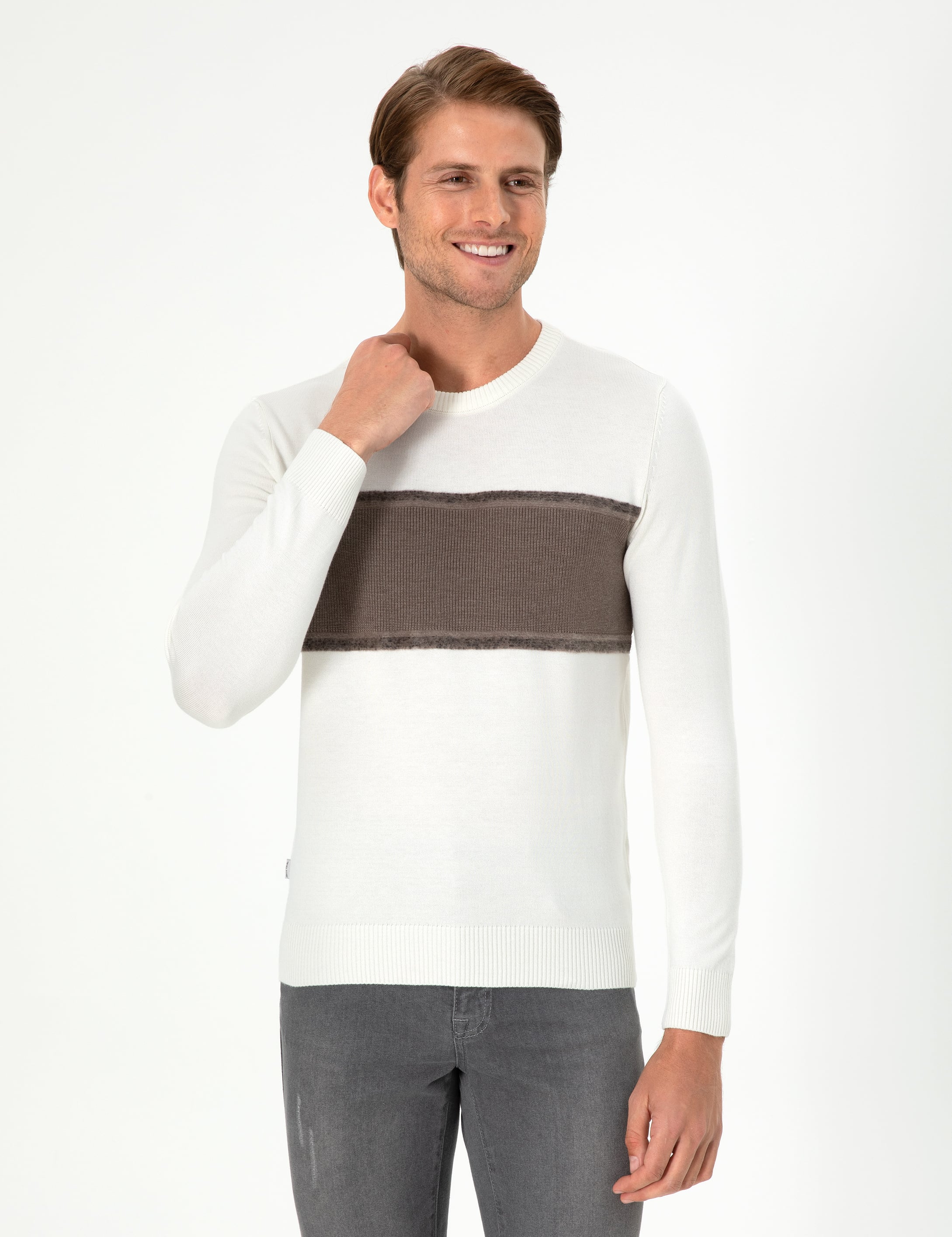 Ekru Slim Fit Bisiklet Yaka Yün Karışımlı Triko Kazak