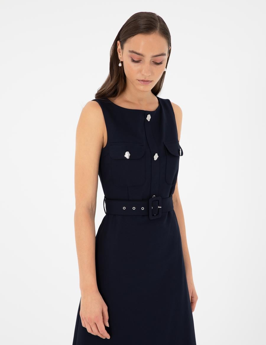 Lacivert Regular Fit Dokuma Elbise