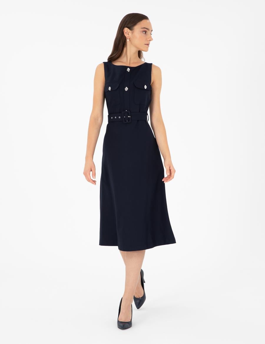 Lacivert Regular Fit Dokuma Elbise