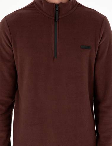 Kahverengi Regular Fit Yarım Fermuarlı Polar Sweatshirt