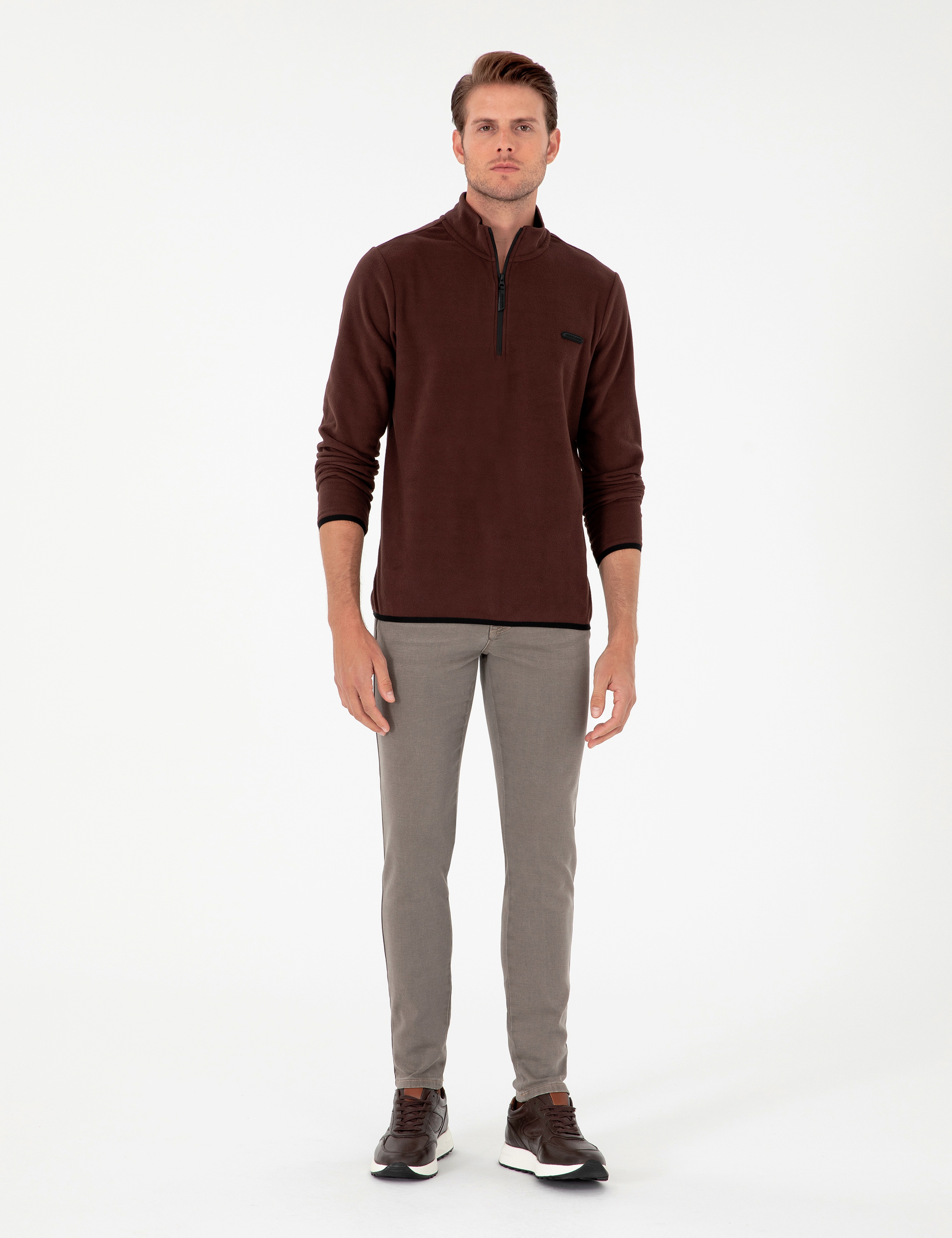 Kahverengi Regular Fit Yarım Fermuarlı Polar Sweatshirt