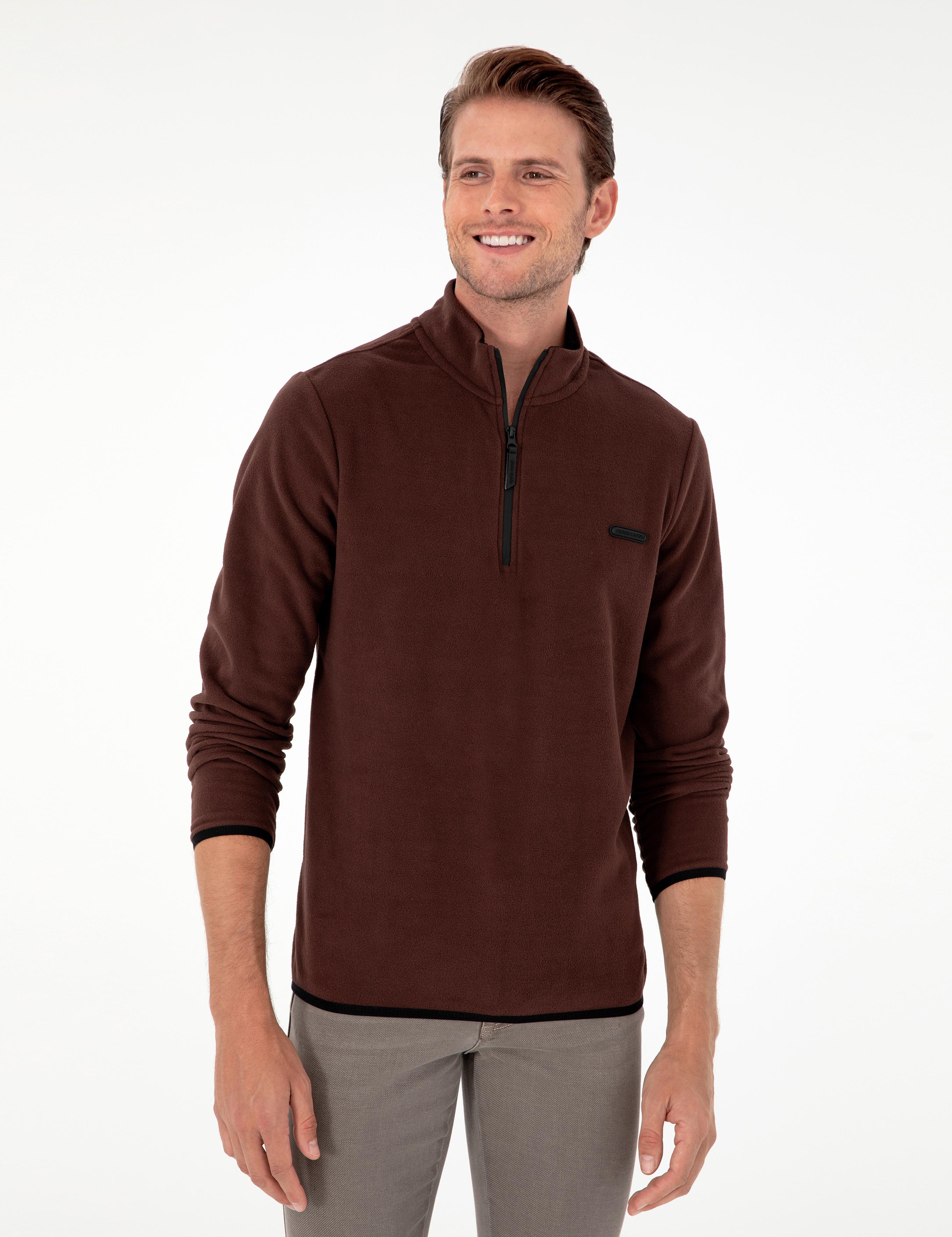 Kahverengi Regular Fit Yarım Fermuarlı Polar Sweatshirt
