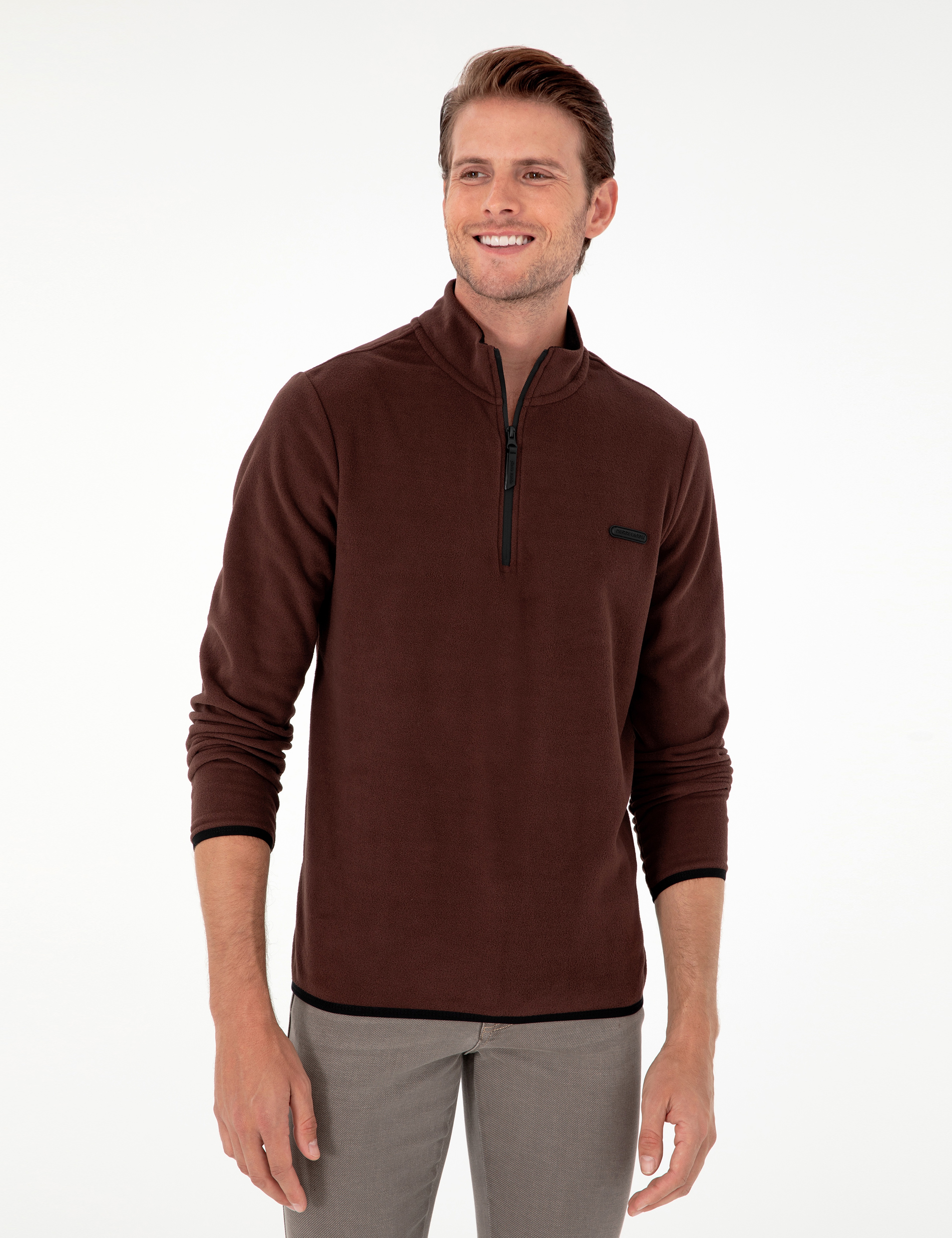 Kahverengi Regular Fit Yarım Fermuarlı Polar Sweatshirt - Image 3