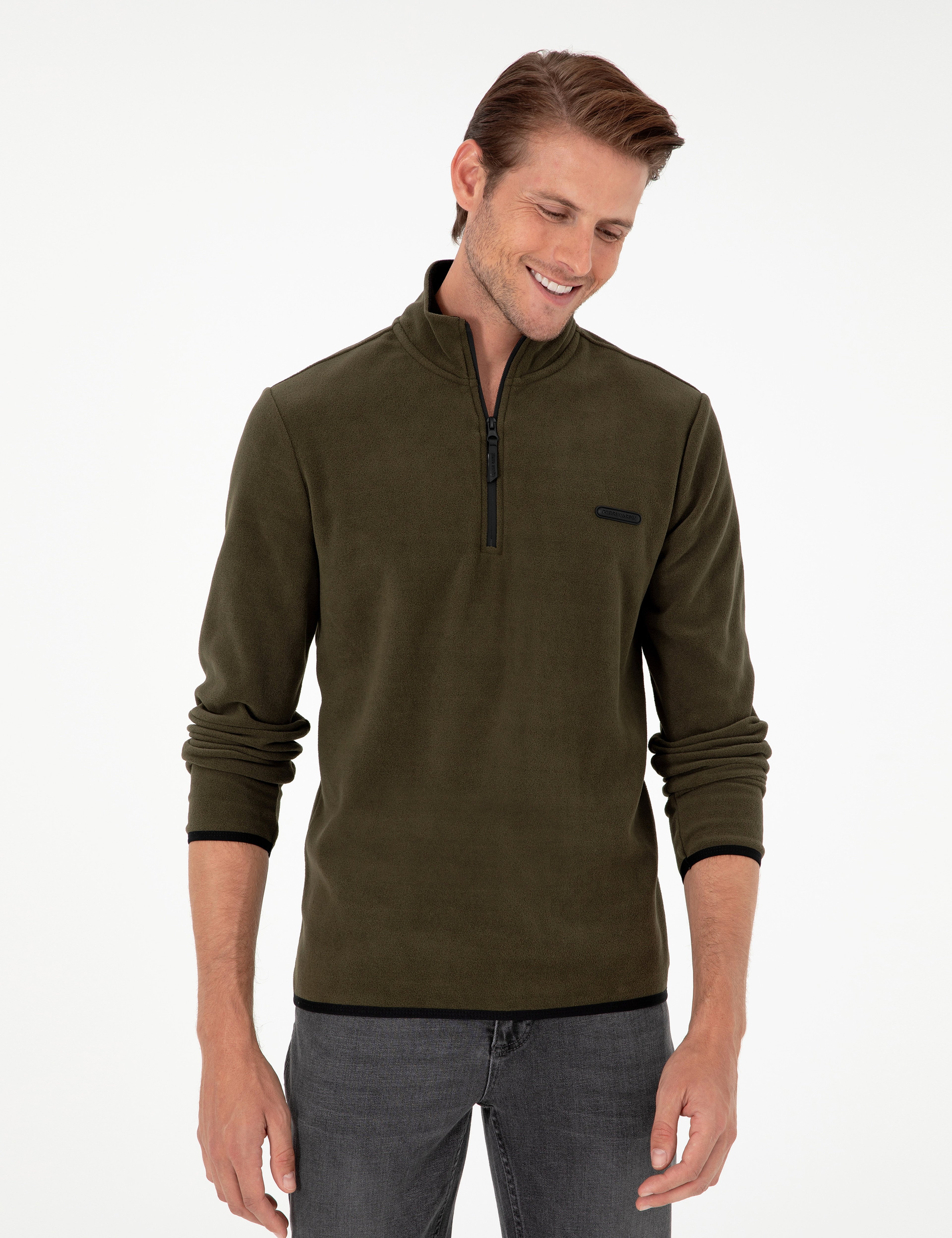 Haki Regular Fit Yarım Fermuarlı Polar Sweatshirt