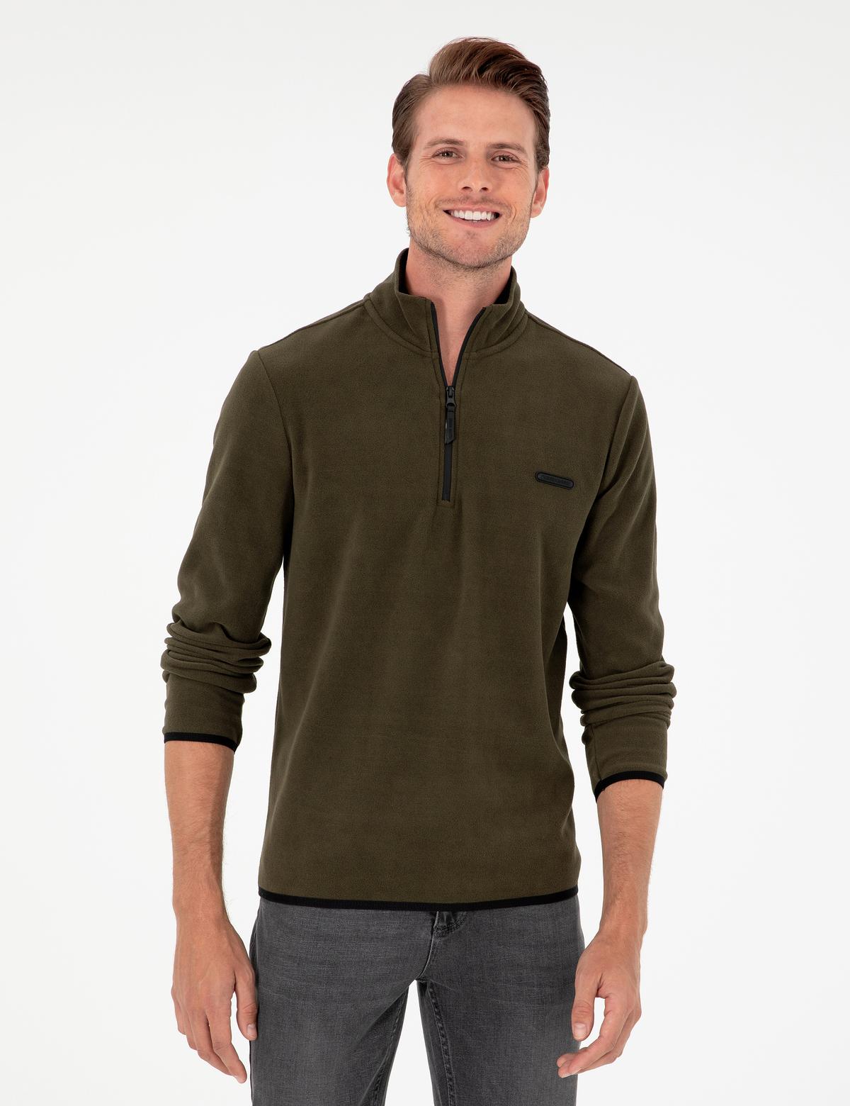Haki Regular Fit Yarım Fermuarlı Polar Sweatshirt