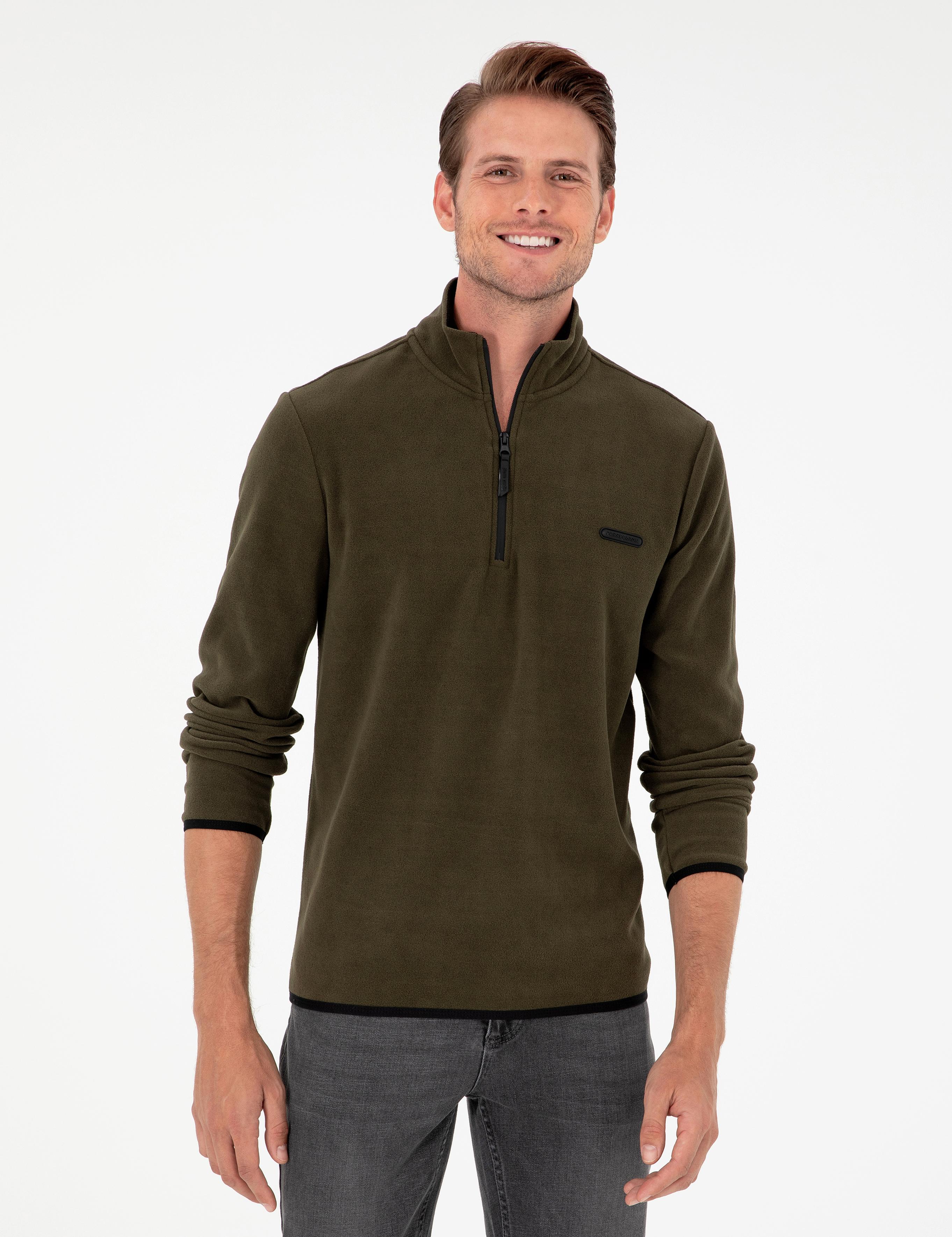 Haki Regular Fit Yarım Fermuarlı Polar Sweatshirt