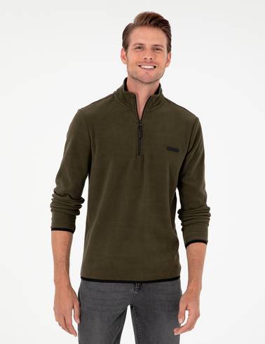 Haki Regular Fit Yarım Fermuarlı Polar Sweatshirt