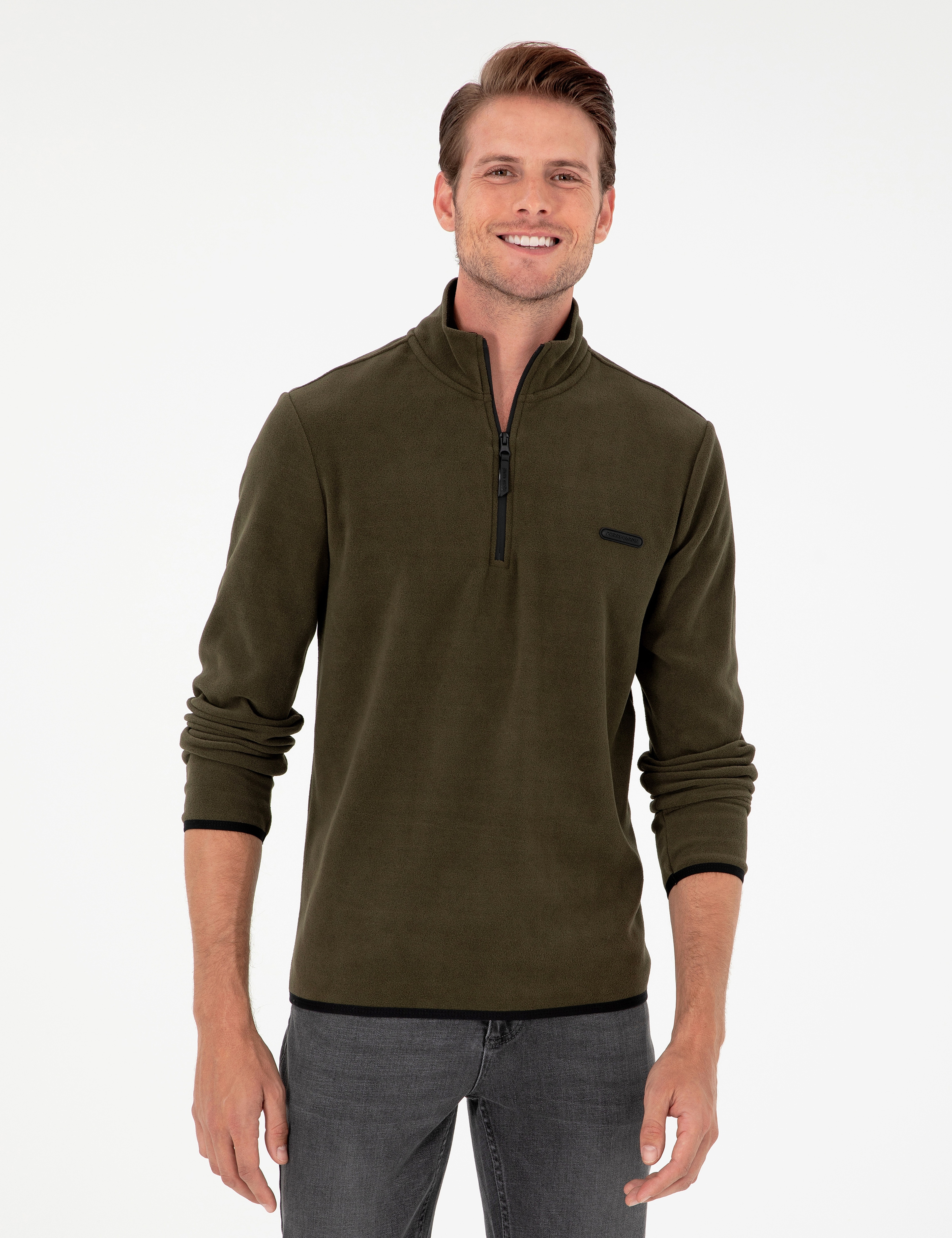 Haki Regular Fit Yarım Fermuarlı Polar Sweatshirt - Image 1