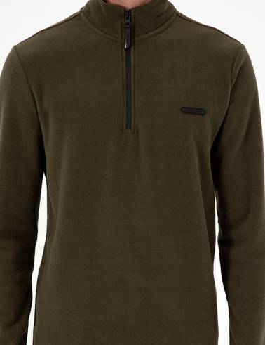 Haki Regular Fit Yarım Fermuarlı Polar Sweatshirt