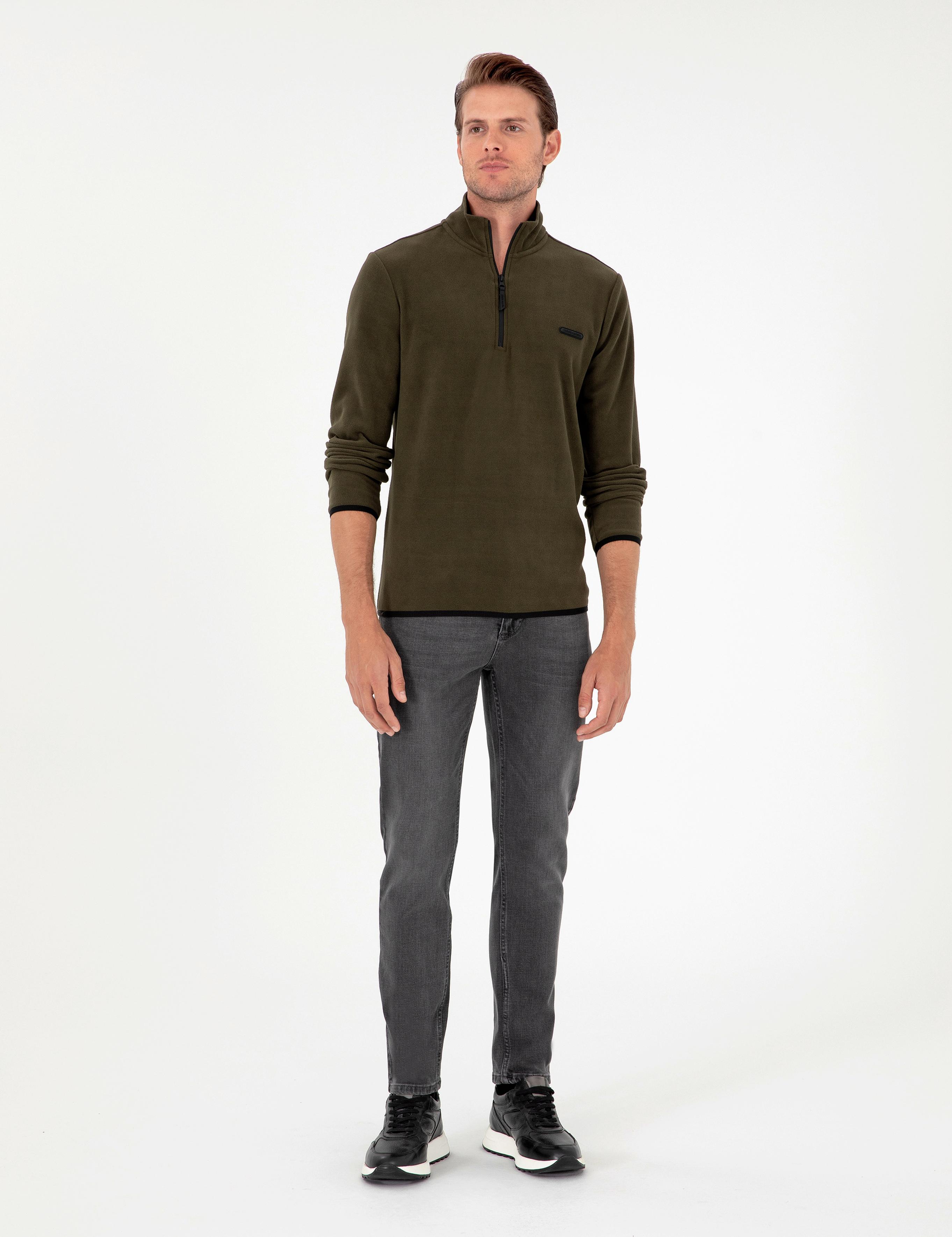 Haki Regular Fit Yarım Fermuarlı Polar Sweatshirt