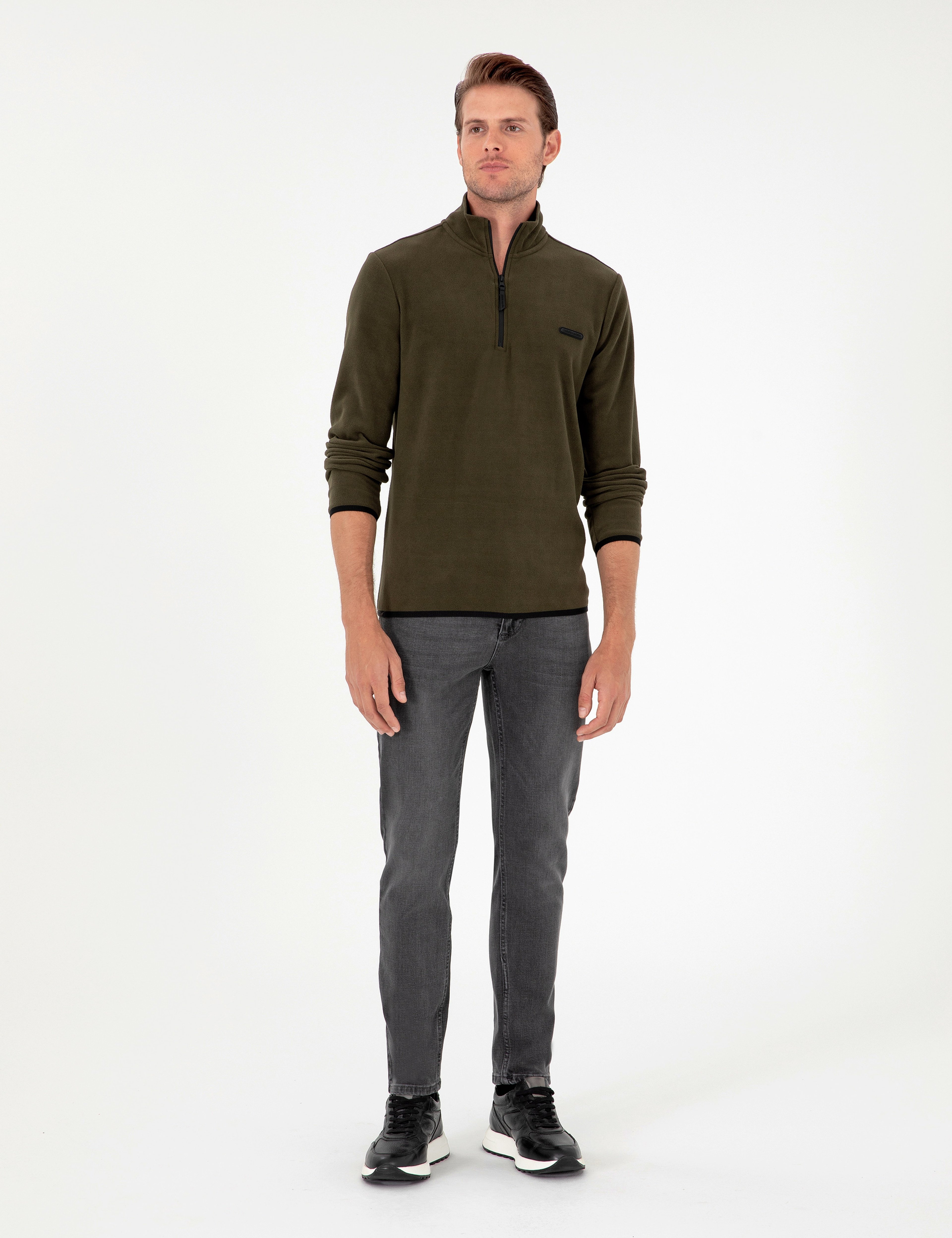 Haki Regular Fit Yarım Fermuarlı Polar Sweatshirt - Image 4