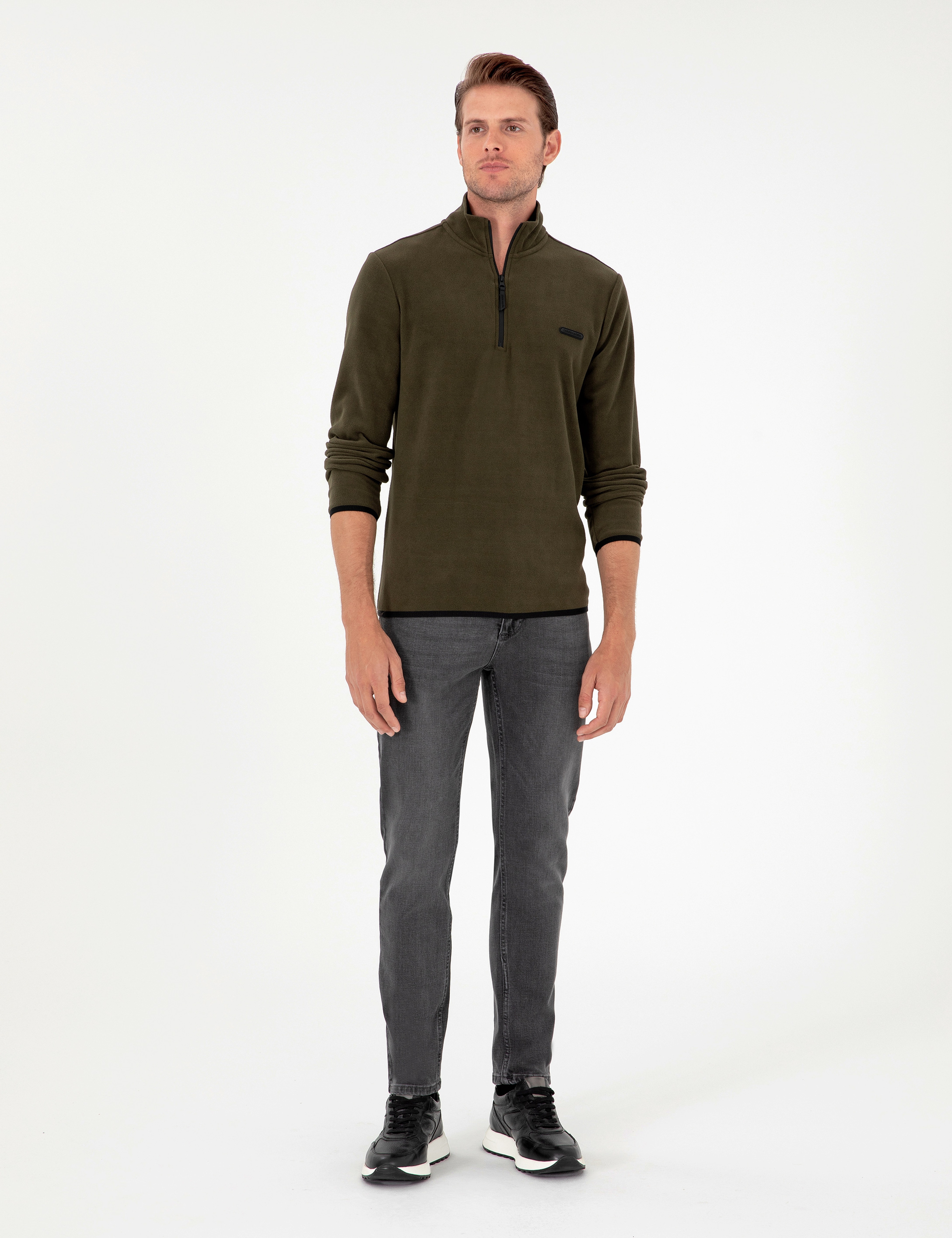 Haki Regular Fit Yarım Fermuarlı Polar Sweatshirt