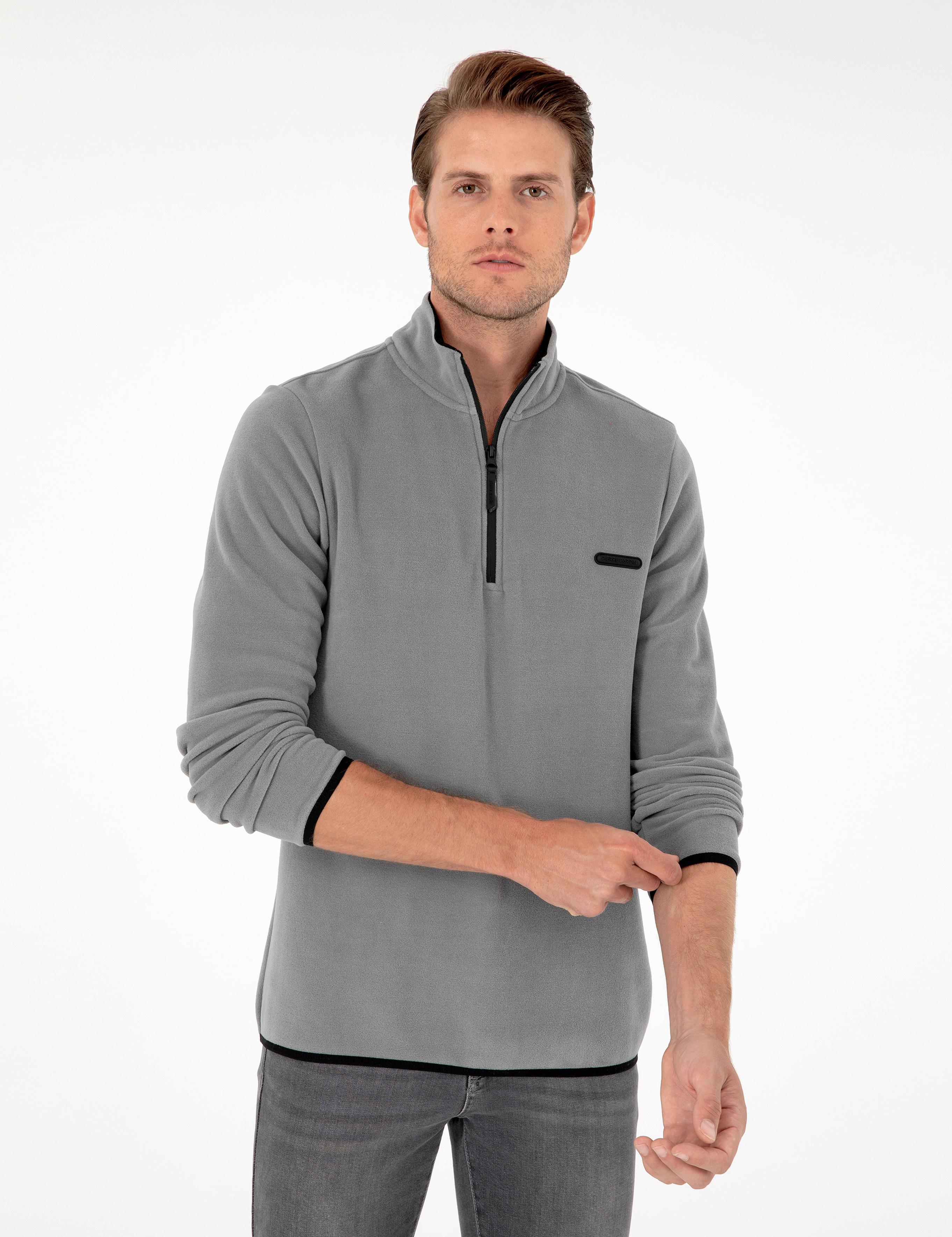 Gri Regular Fit Yarım Fermuarlı Polar Sweatshirt