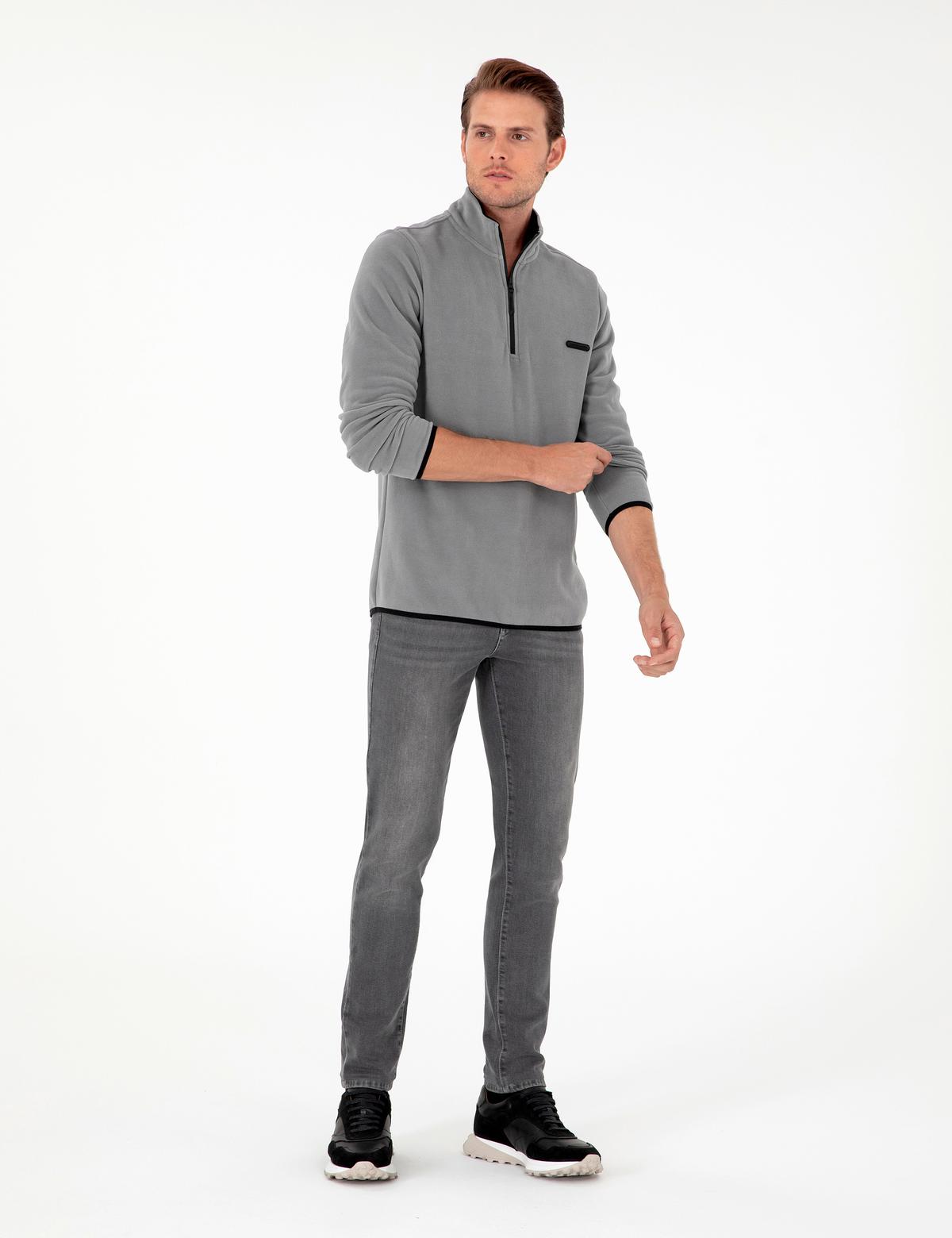 Gri Regular Fit Yarım Fermuarlı Polar Sweatshirt - 50298973041
