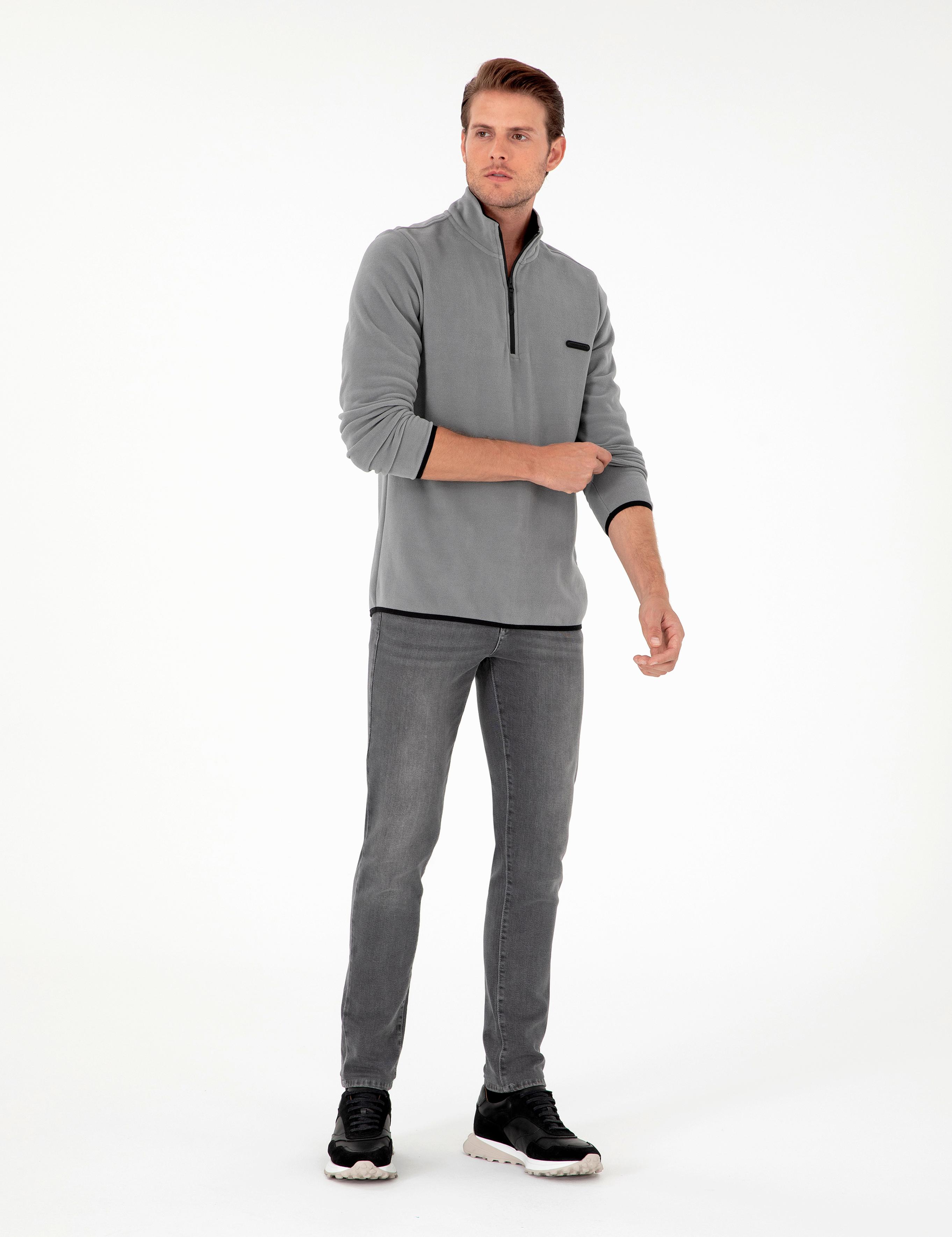 Gri Regular Fit Yarım Fermuarlı Polar Sweatshirt