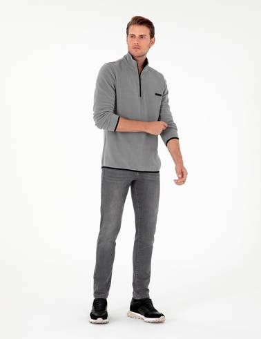 Gri Regular Fit Yarım Fermuarlı Polar Sweatshirt
