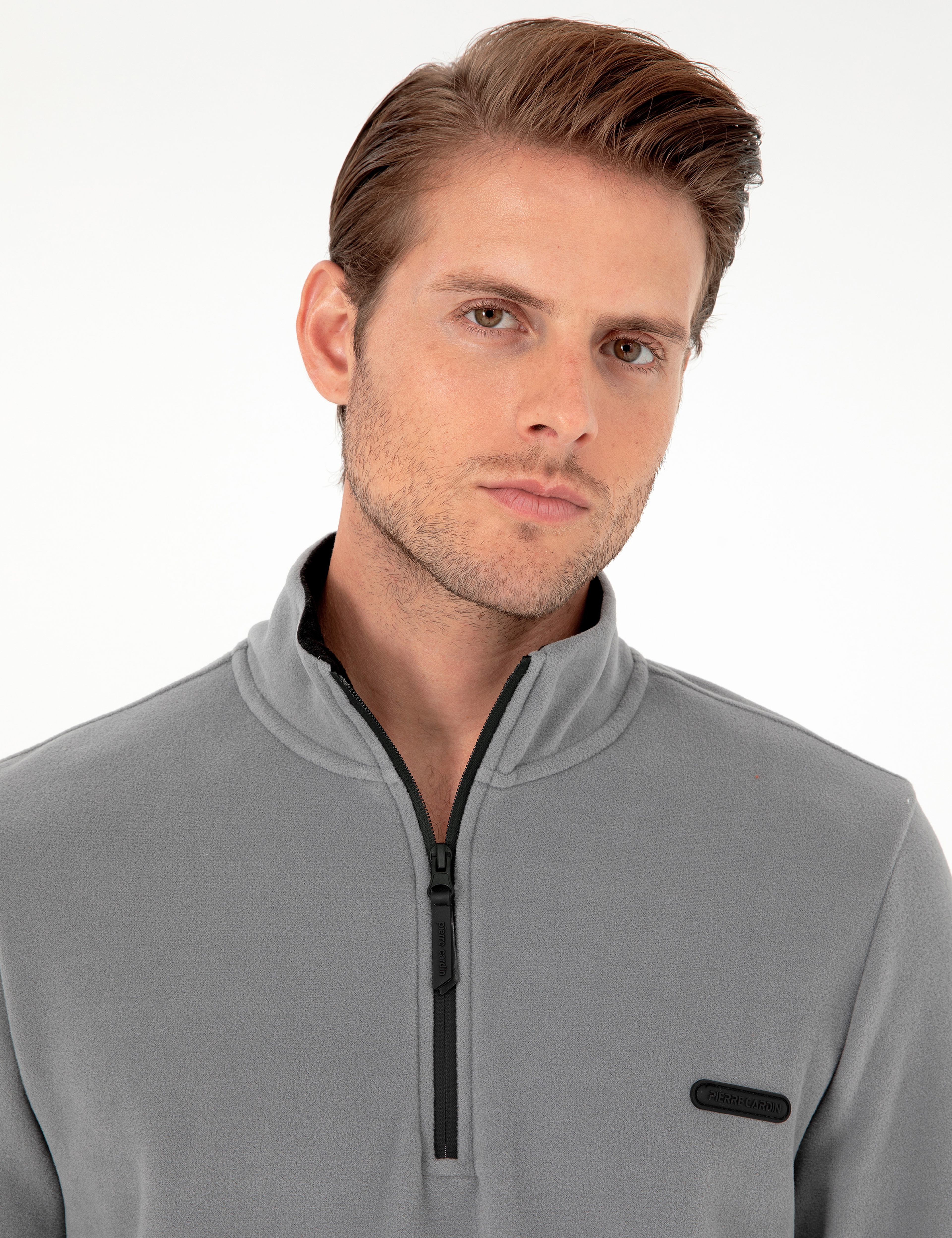 Gri Regular Fit Yarım Fermuarlı Polar Sweatshirt