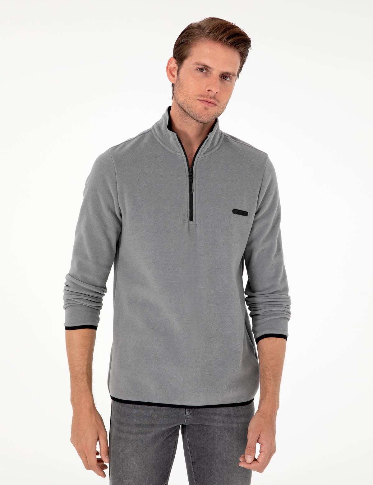 Gri Regular Fit Yarım Fermuarlı Polar Sweatshirt