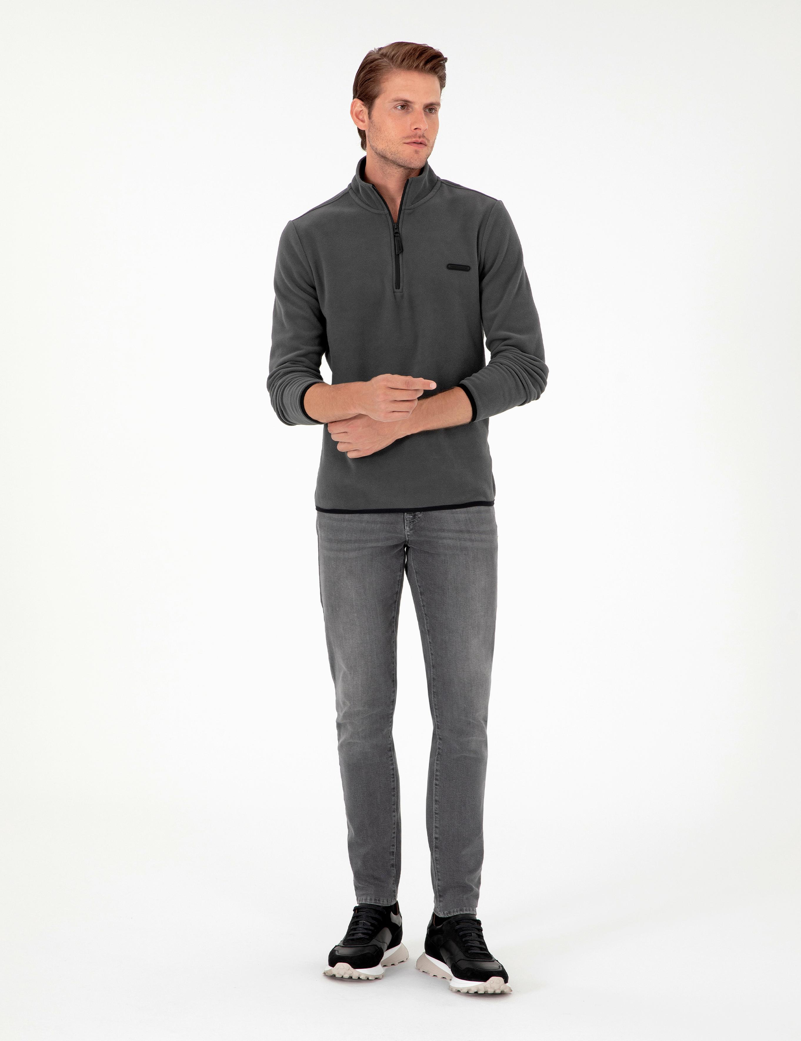 Antrasit Regular Fit Yarım Fermuarlı Polar Sweatshirt