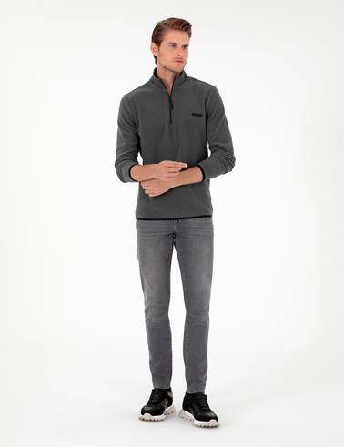 Antrasit Regular Fit Yarım Fermuarlı Polar Sweatshirt