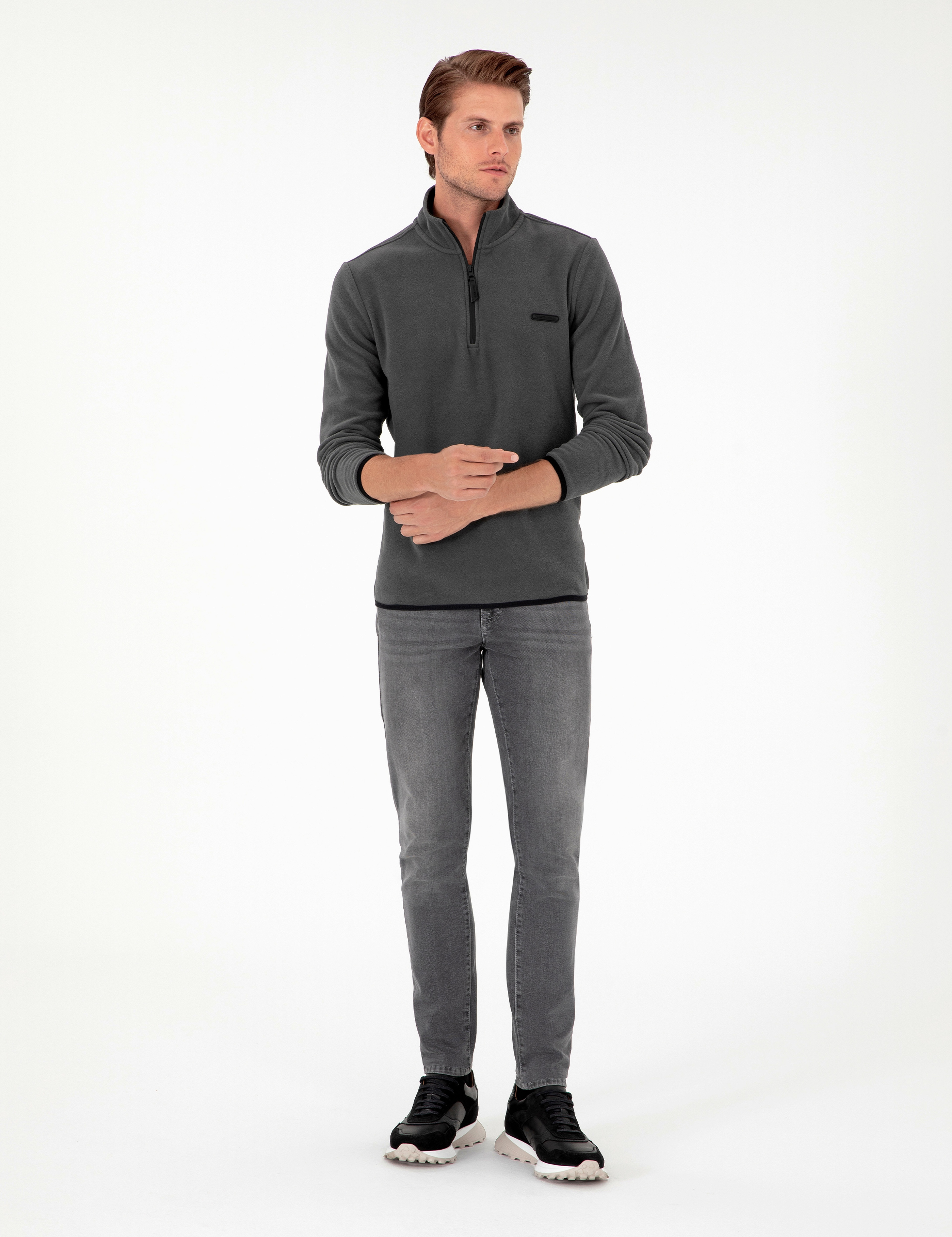 Antrasit Regular Fit Yarım Fermuarlı Polar Sweatshirt - Image 4